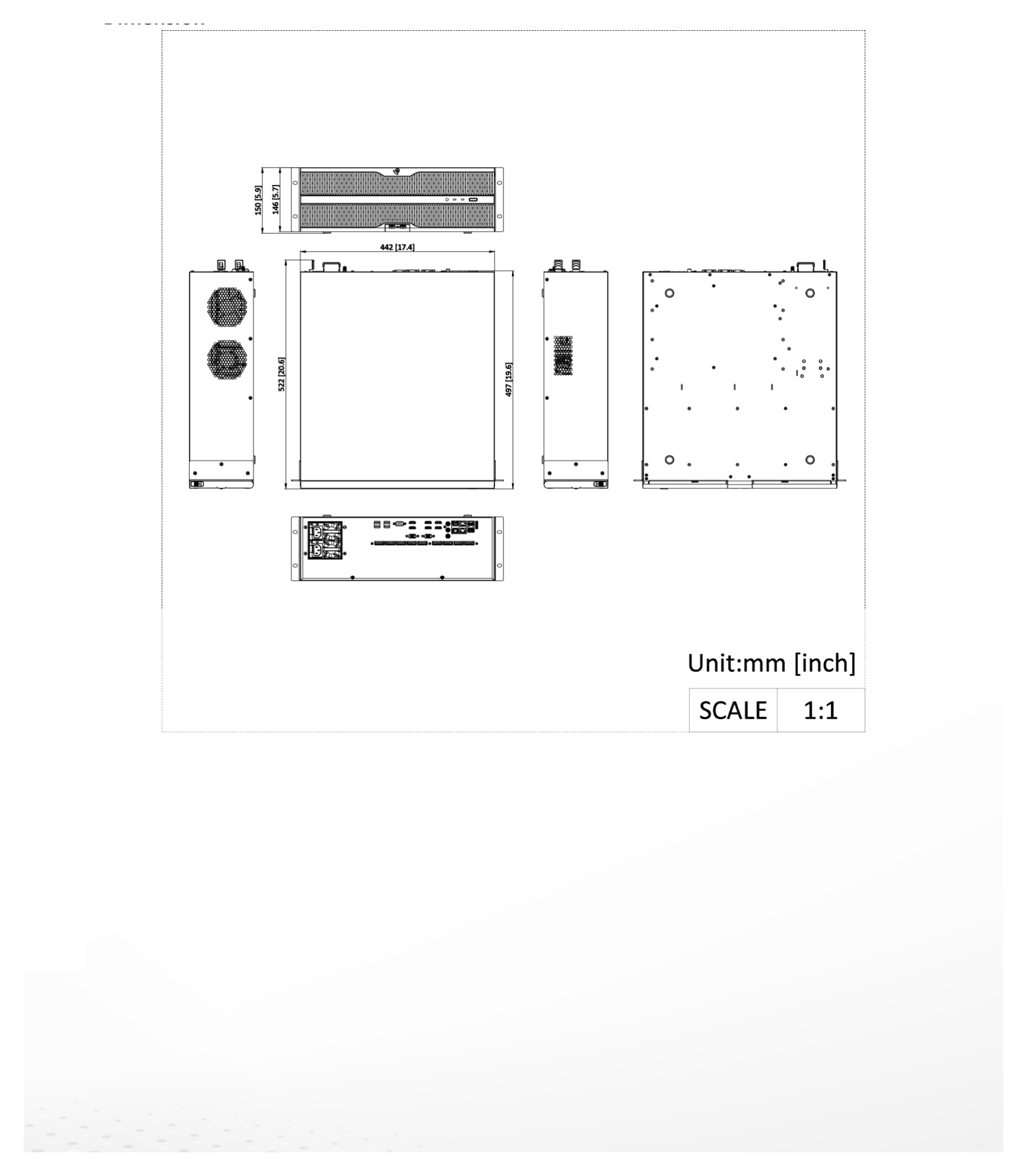 DS-96256NXI-S16R 外形尺寸圖 442 mm × 497 mm × 146 mm (17.4 × 19.5 × 5.7 inch)｜重量 ≤ 12 kg (without HDD, 28.7 lb.)｜Unit: mm