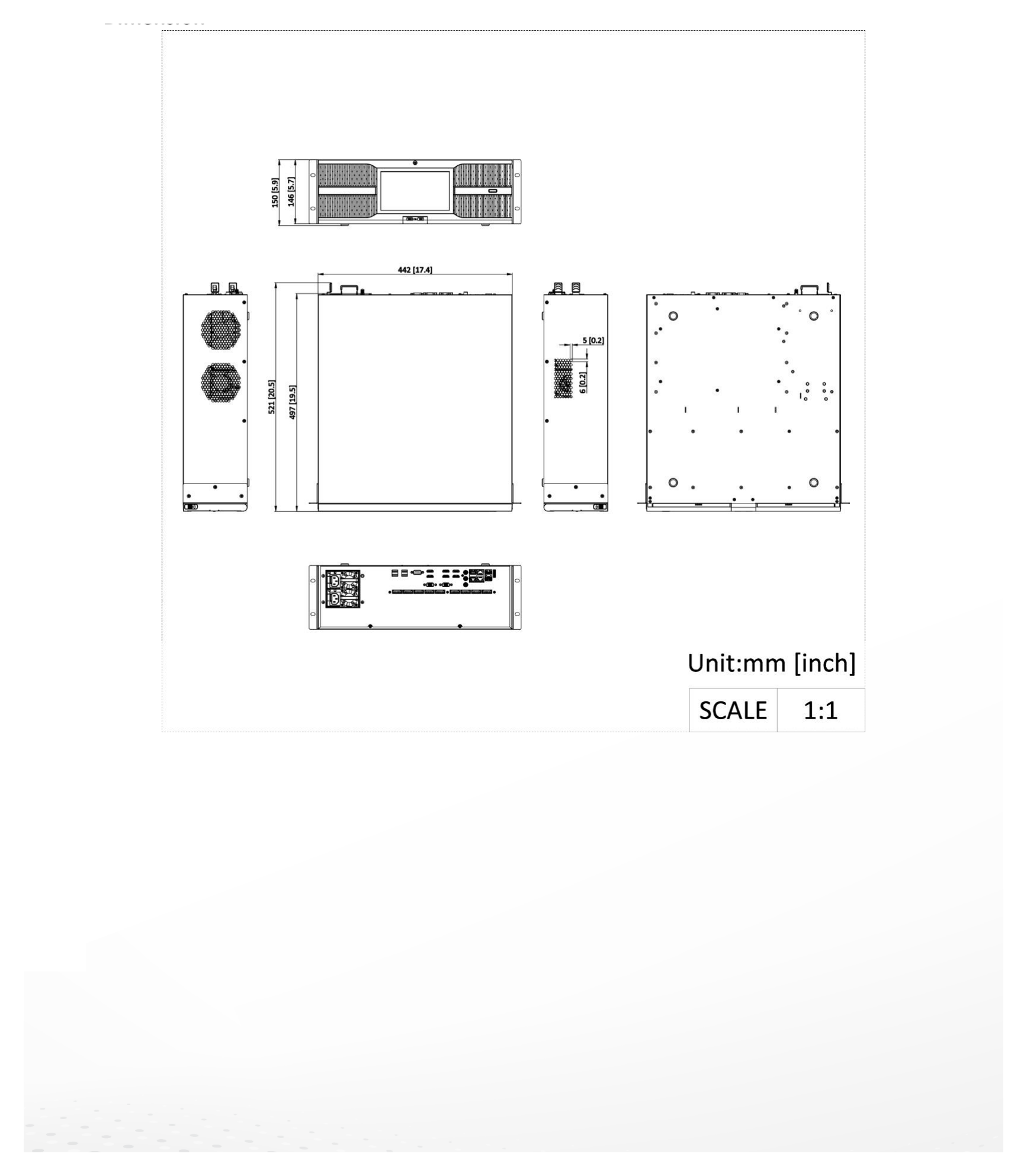DS-96256NXI-S16RLCD 外形尺寸圖 442 mm × 497 mm × 146 mm (17.4 × 19.5 × 5.7 inch)｜重量 ≤ 12 kg (without HDD, 28.7 lb.)｜Unit: mm