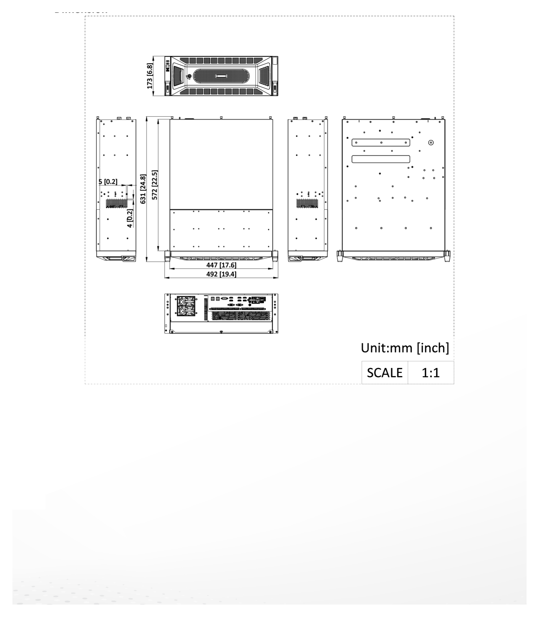 DS-96256NXI-S24R 外形尺寸圖 447 mm × 572 mm × 173 mm (17.6 × 22.5 × 6.8 inch)｜重量 ≤ 19 kg (without HDD, 28.7 lb.)｜Unit: mm