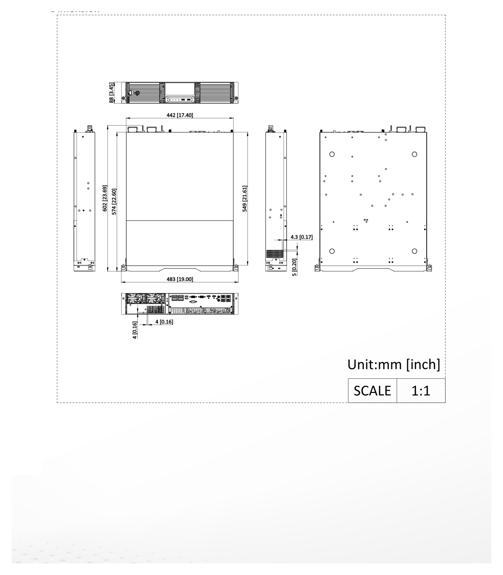 DS-9632NI-G8R 外形尺寸圖 442 × 574 × 88 mm ( 17.4"× 22.6" × 3.45")｜重量 ≤ 24 kg (without HDD, 52.9 lb.)｜Unit: mm