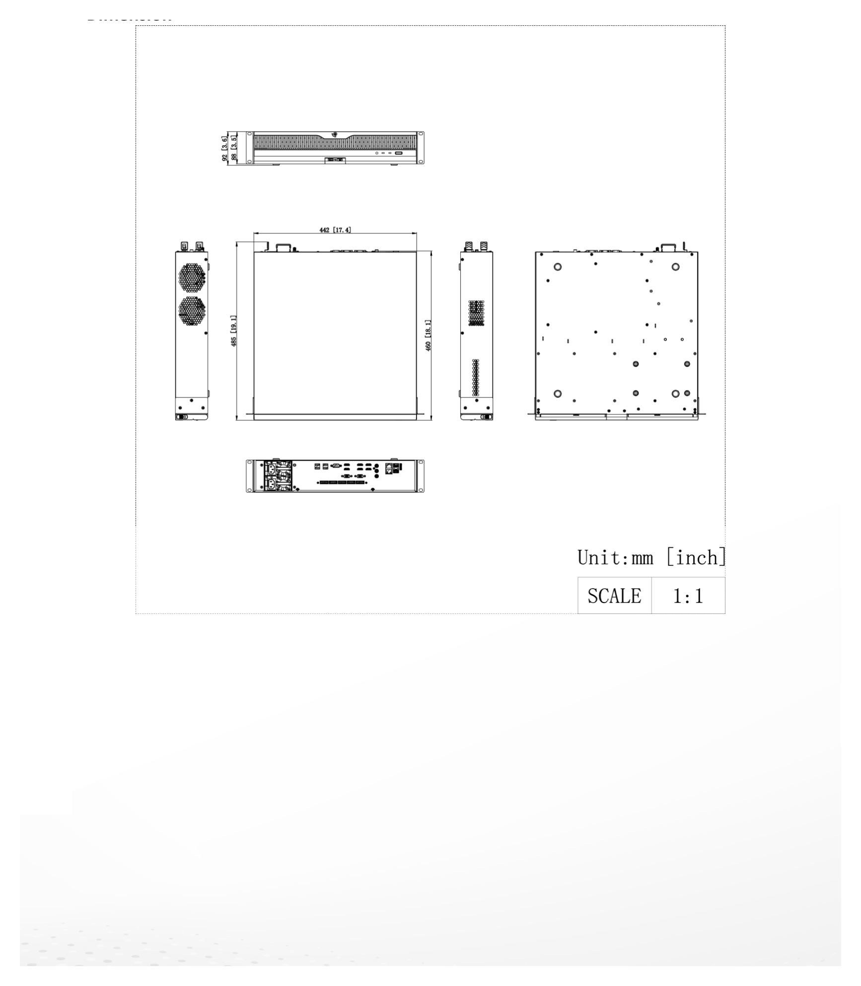 DS-9632NXI-S8R 外形尺寸圖 442 mm × 460 mm × 88 mm (17.4 × 18.1 × 3.5 inch)｜重量 ≤ 10 kg (without HDD, 28.7 lb.)｜Unit: mm
