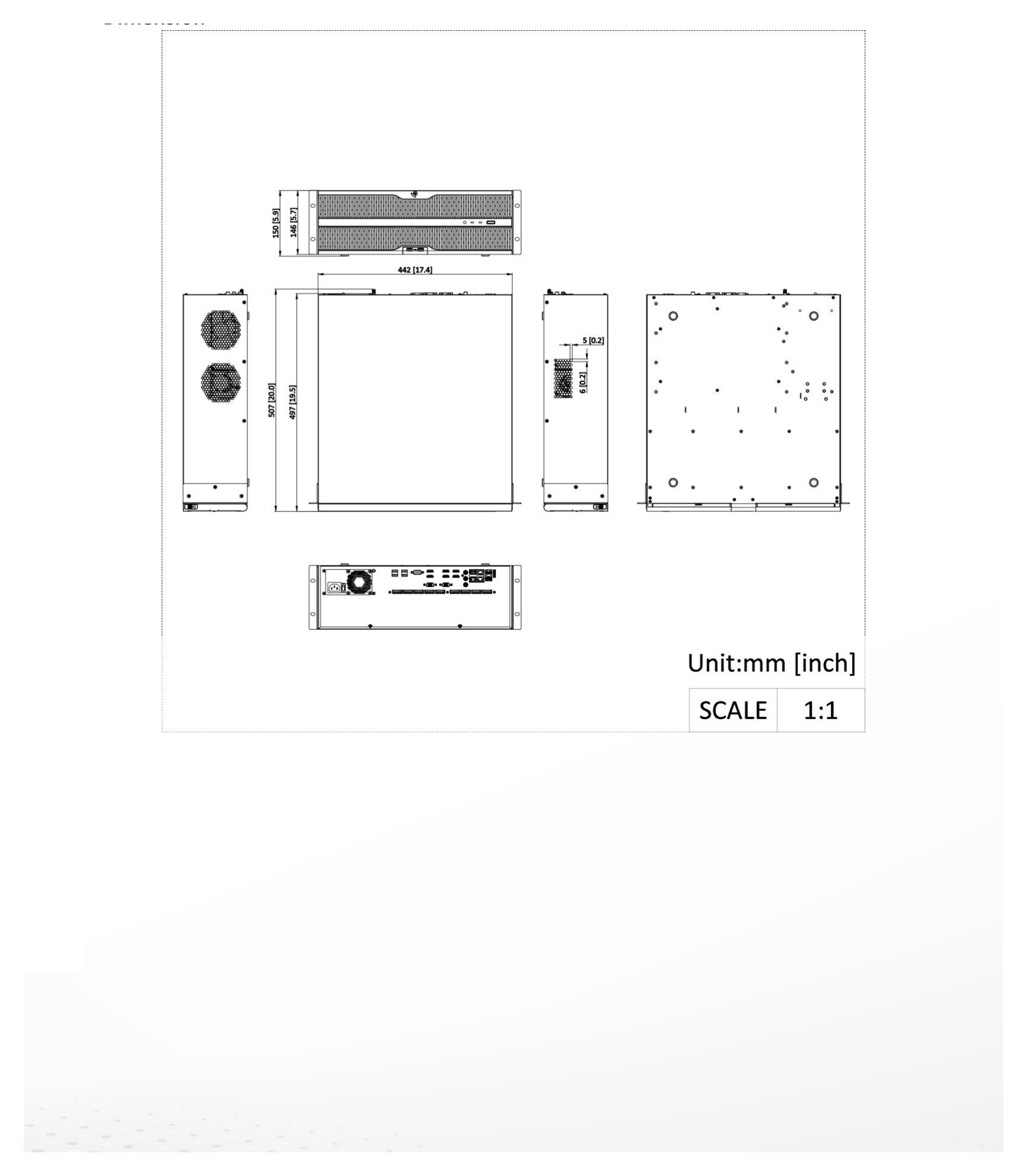 DS-9664NXI-S16 外形尺寸圖 442 mm × 497 mm × 146 mm (17.4 × 19.5 × 5.7 inch)｜重量 ≤ 12 kg (without HDD, 28.7 lb.)｜Unit: mm