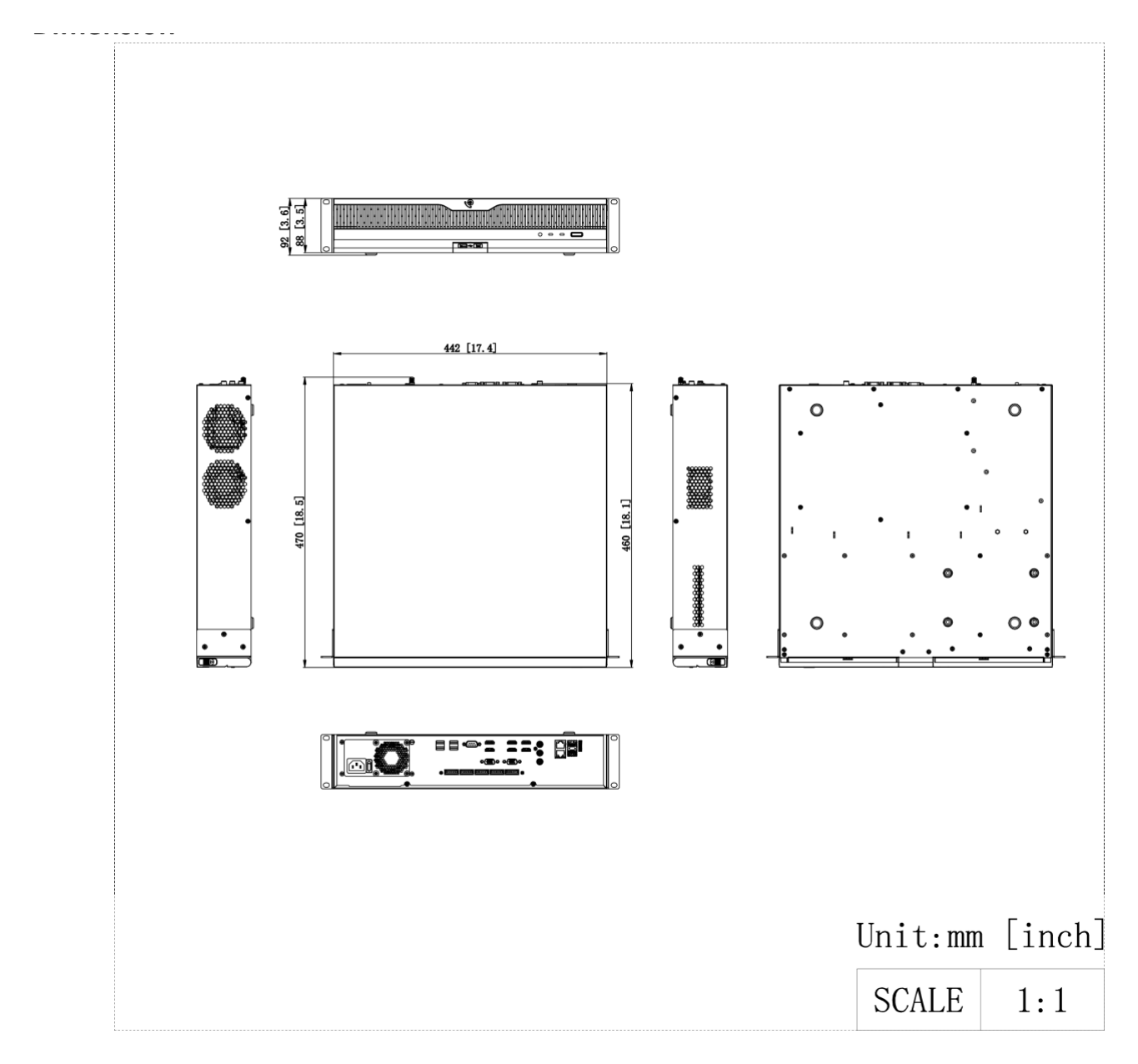 DS-9664NXI-S8 外形尺寸圖 442 mm × 460 mm × 88 mm (17.4 × 18.1 × 3.5 inch)｜重量 ≤ 10 kg (without HDD, 28.7 lb.)｜Unit: mm