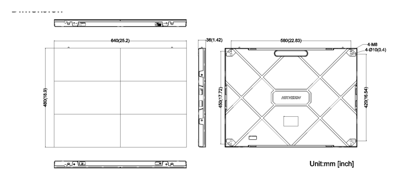 DS-D4012CS-2F 外形尺寸圖 640 (W) mm × 480 (H) mm ×36 (D) mm (25.197'' × 1.898'' × 1.42'')｜重量 6 kg (13.23 lb.)｜Unit: mm