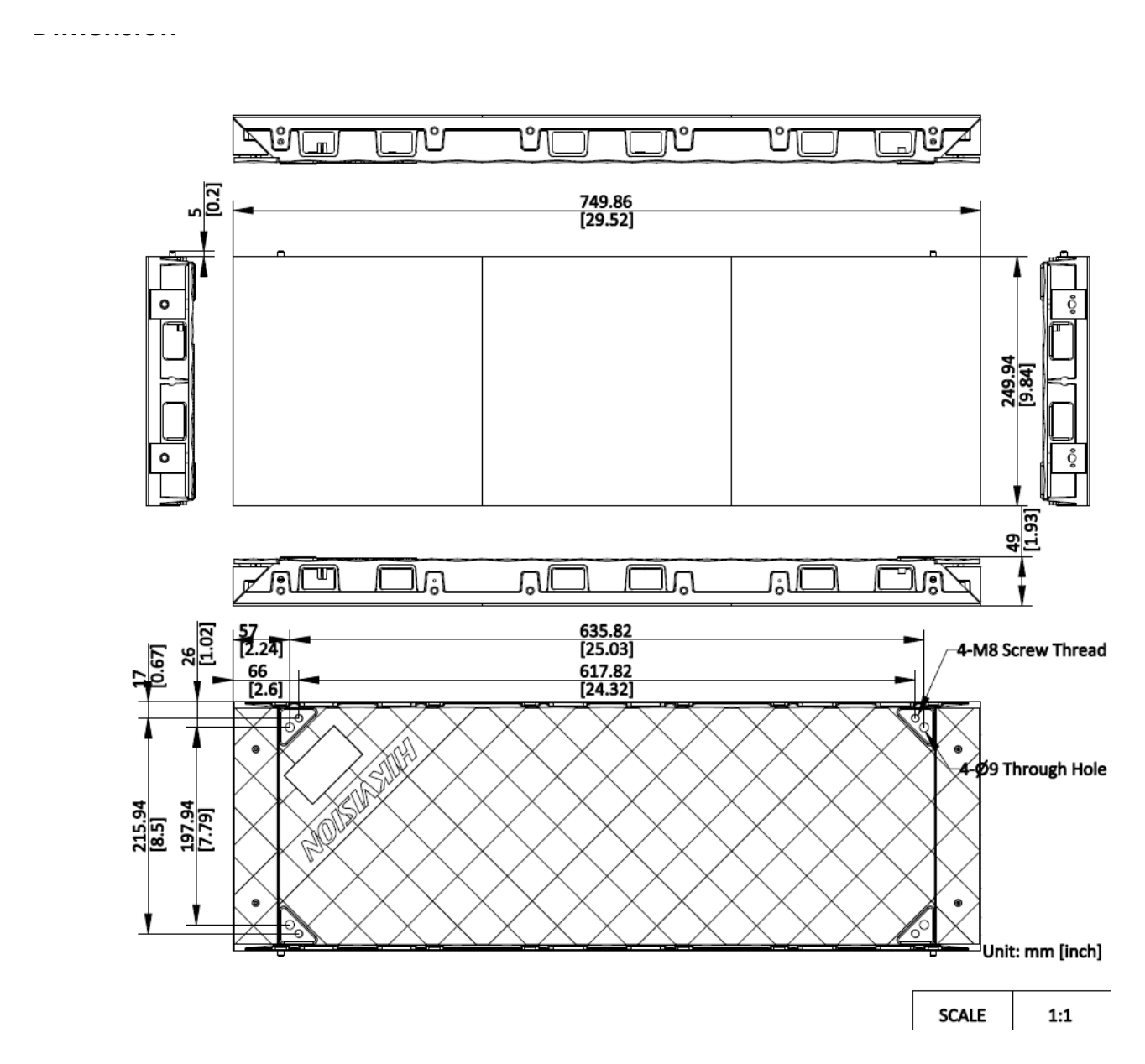 DS-D4015CB-1F 外形尺寸圖 750 mm × 250 mm × 50 mm (29.528" × 9.843" × 1.969")｜重量 4.59 kg (10.12 lb)｜Unit: mm