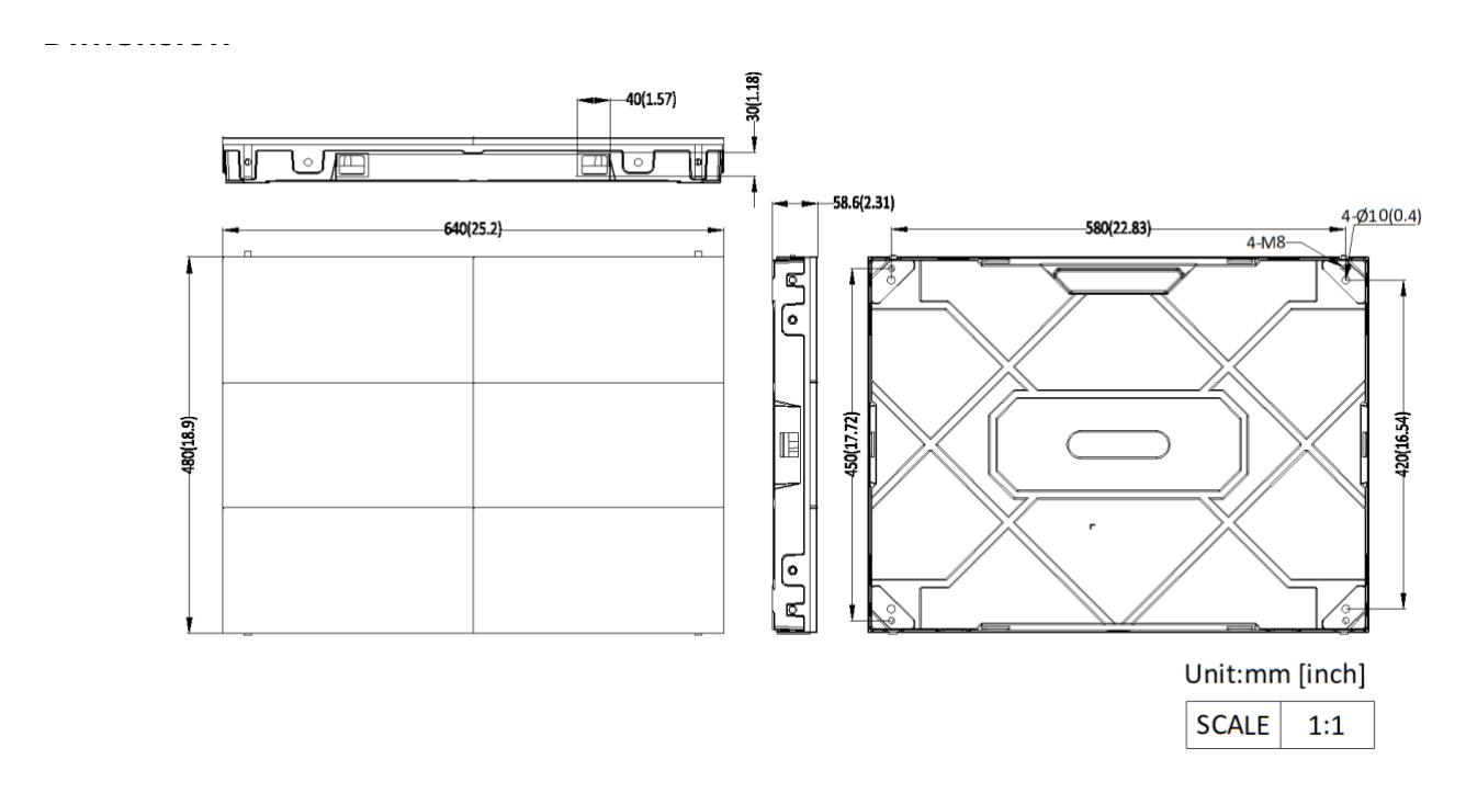 DS-D4015CS-1F 外形尺寸圖 640 (W) mm × 480 (H) mm × 58.6 (D) mm (25.197'' × 18.898'' × 2.307'')｜重量 7.55 kg (16.64 lb)｜Unit: mm