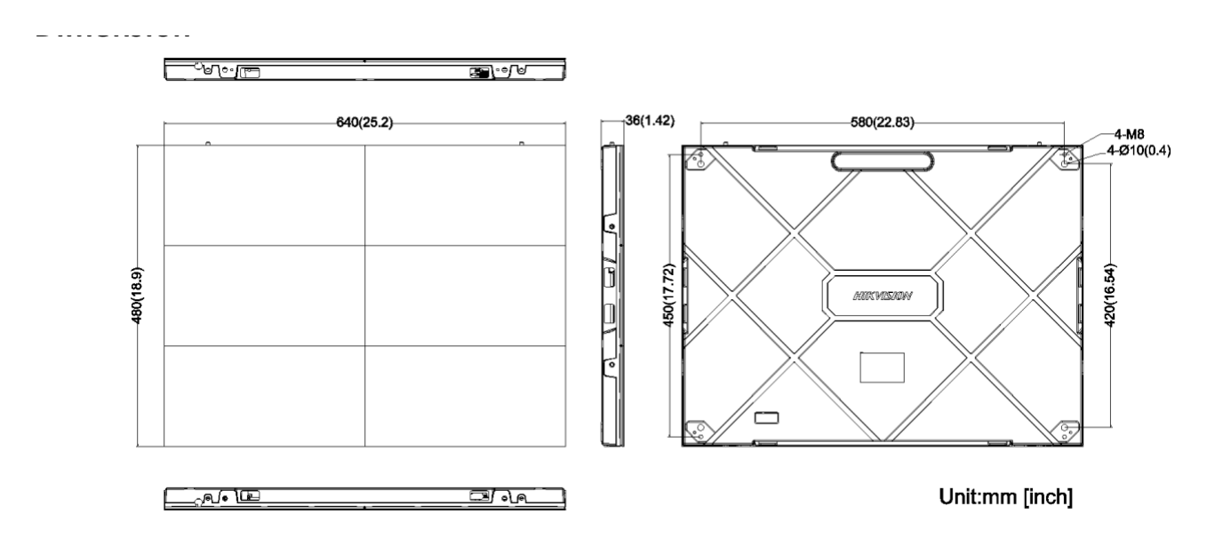 DS-D4015CS-2F 外形尺寸圖 640 (W) mm × 480 (H) mm ×36 (D) mm (25.197'' × 1.898'' × 1.42'')｜重量 6 kg (13.23 lb.)｜Unit: mm