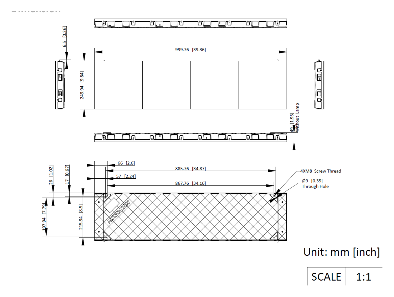 DS-D4019CC-1F 外形尺寸圖 1000 mm × 250 mm × 50 mm (39.370" × 9.843" × 1.969")｜重量 5.65 kg (12.456 lb)｜Unit: mm