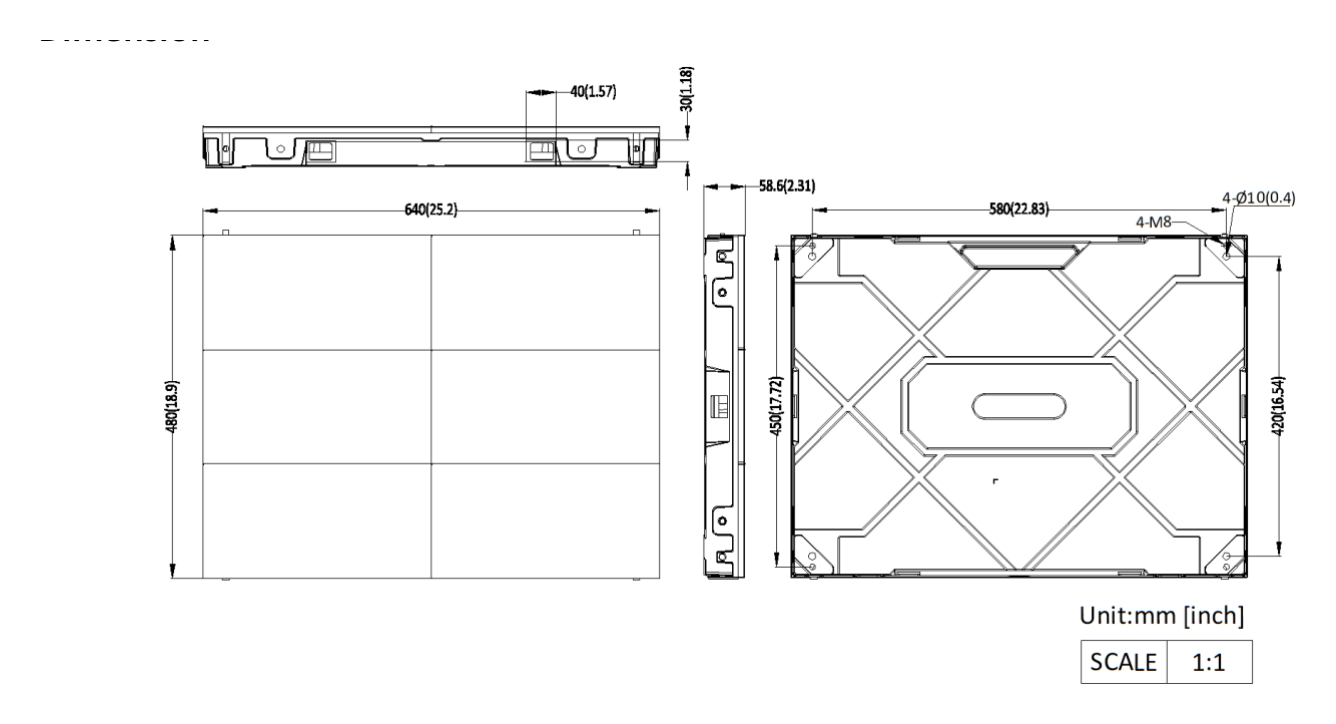 DS-D4025CS-1F 外形尺寸圖 640 (W) mm × 480 (H) mm × 58.6 (D) mm (25.197'' × 18.898'' × 2.307'')｜重量 7.55 kg (16.64 lb)｜Unit: mm