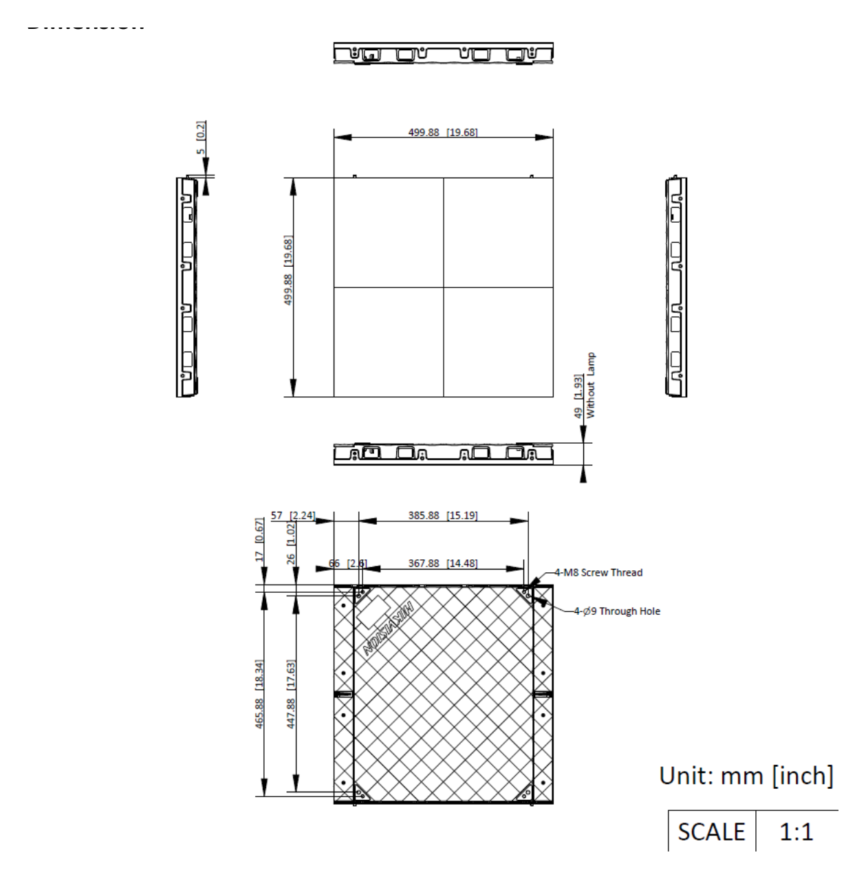 DS-D4026CD-1F 外形尺寸圖 500 mm × 500 mm × 50 mm (19.685" × 19.685" × 1.969")｜重量 5.6 kg (12.35 lb)｜Unit: mm