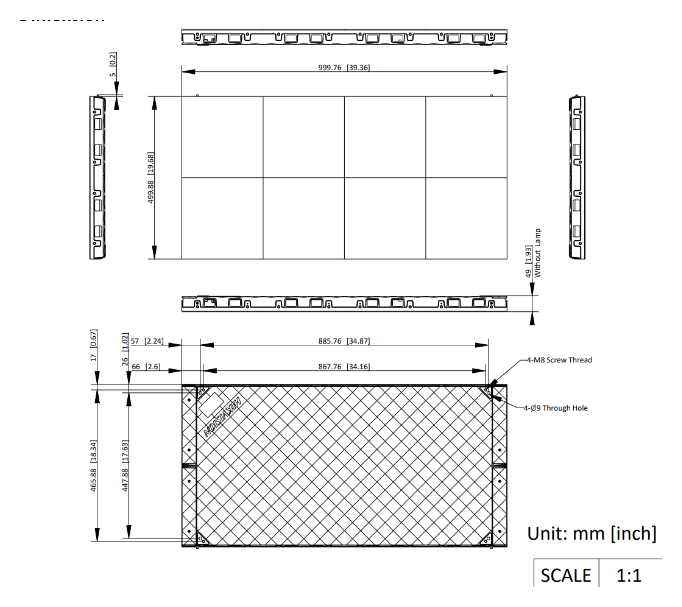 DS-D4026CF-1F 外形尺寸圖 1000 mm × 500 mm × 50 mm (39.370" × 19.685" × 1.969")｜重量 10.54 kg (23.24 lb)｜Unit: mm