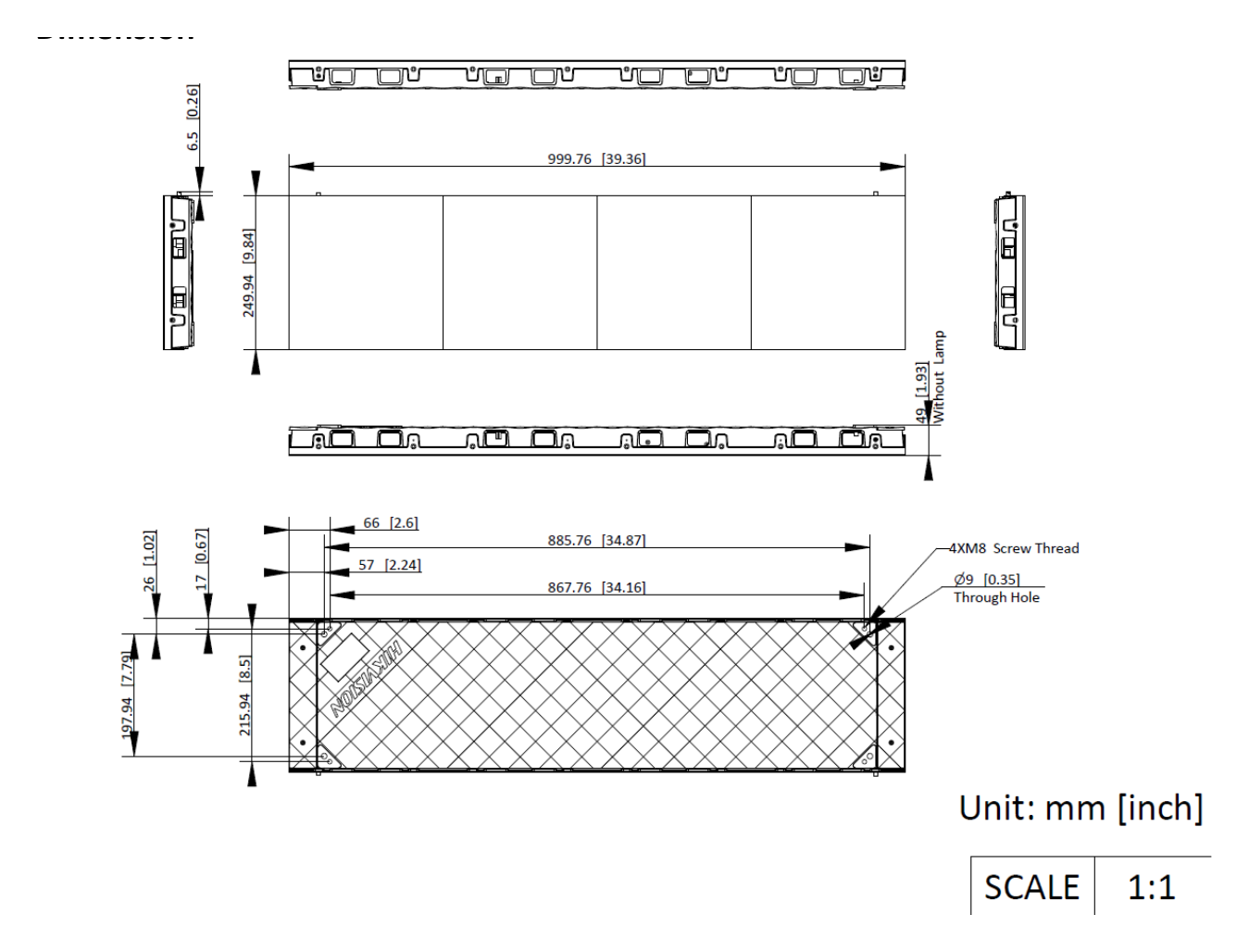 DS-D4226FI-CGFC 外形尺寸圖 1000 (W) mm × 250 (H) mm × 50 (D) mm (39.37" × 9.84" × 1.97")｜重量 5.65 kg (12.46 lb)｜Unit: mm
