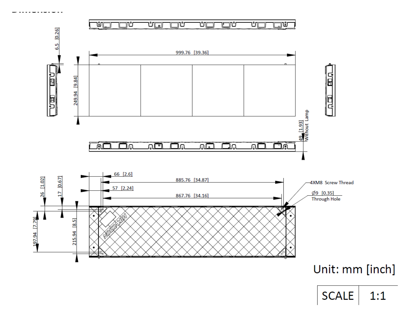 DS-D4229FI-CGFC 外形尺寸圖 1000 (W) mm × 250 (H) mm × 50 (D) mm (39.37" × 9.84" × 1.97")｜重量 5.65 kg (12.46 lb)｜Unit: mm