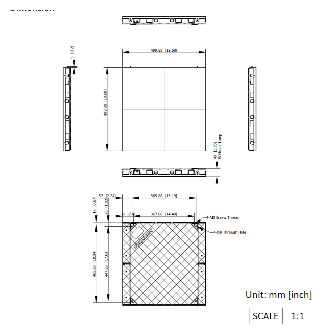 DS-D4229FI-CGFD 外形尺寸圖 500 (W) mm × 500 (H) mm × 50 (D) mm (19.69" × 19.69" × 1.97")｜重量 5.6 kg (12.36 lb)｜Unit: mm