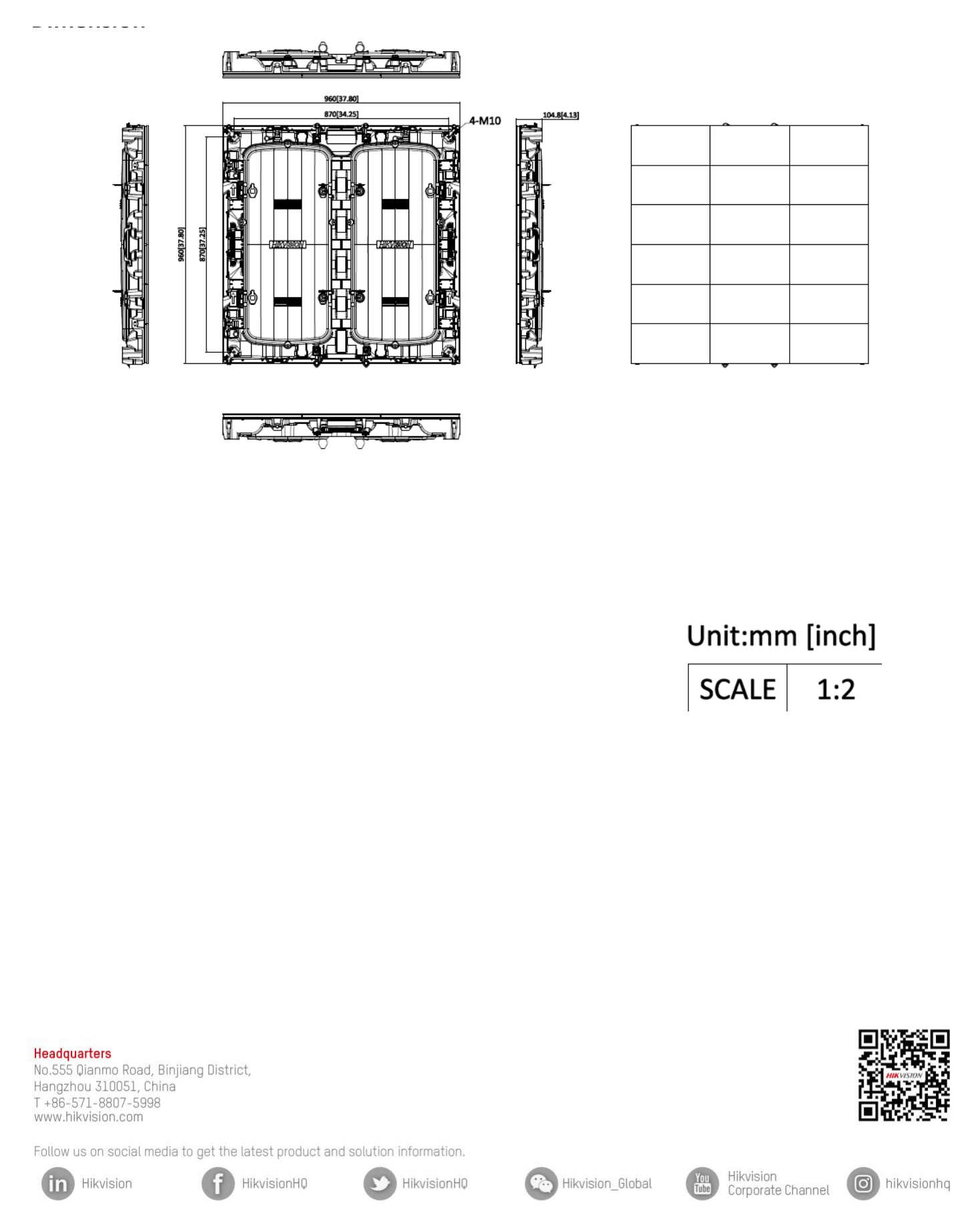 DS-D4230CO-1BAB 外形尺寸圖 960 mm × 960 mm × 94 mm (37.80'' × 37.80'' × 3.70'')｜重量 32.95 kg (72.64 lb)｜Unit: mm