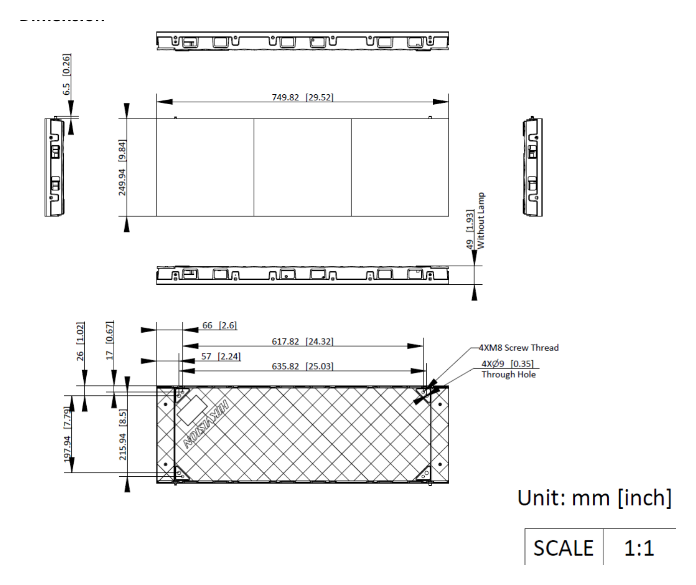 DS-D4239FI-CGFB 外形尺寸圖 750 (W) mm × 250 (H) mm × 50 (D) mm (29.53" × 9.84" × 1.97")｜重量 4.59 kg (10.12 lb)｜Unit: mm