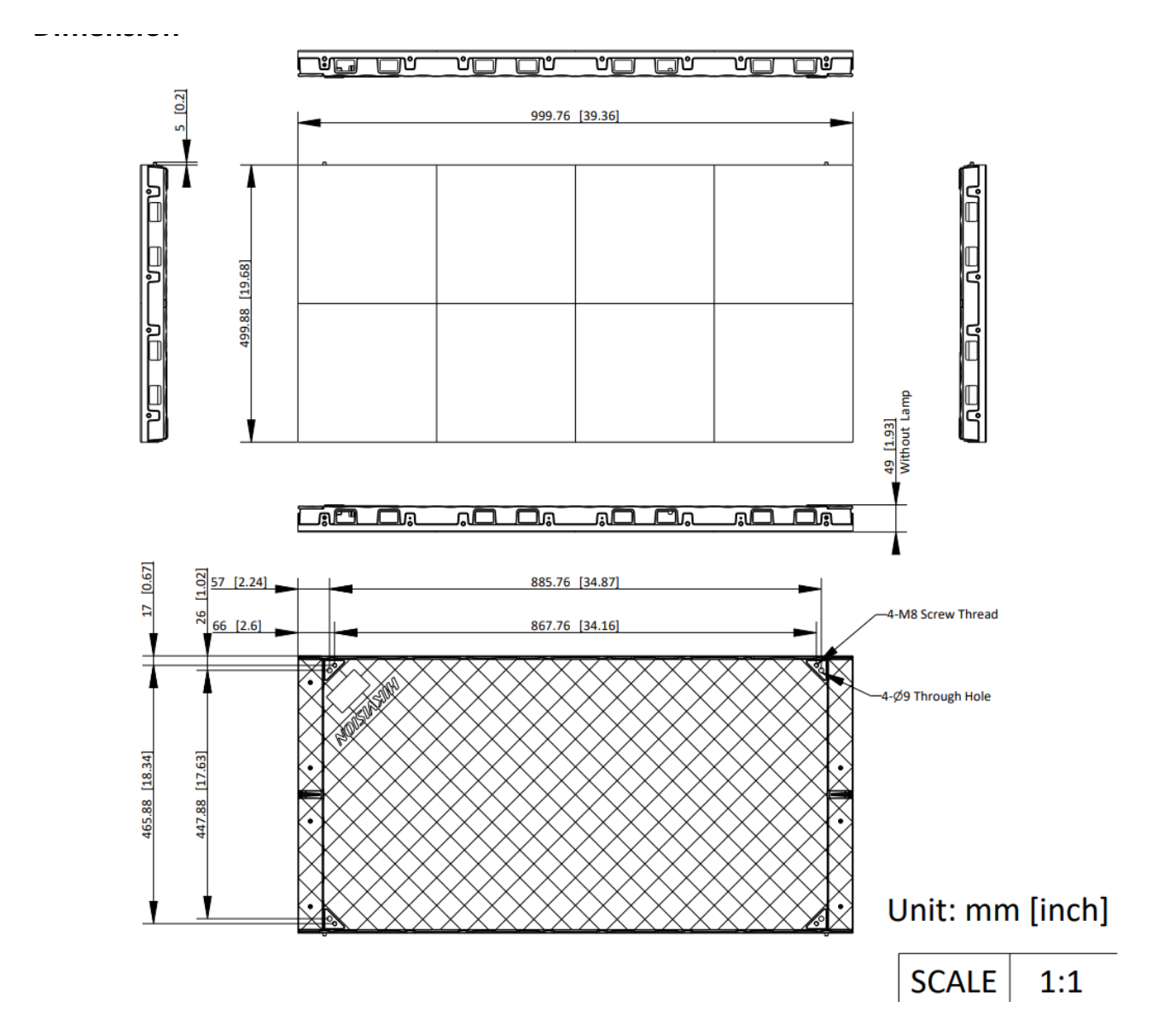 DS-D4239FI-CGFF 外形尺寸圖 1000 (W) mm × 500 (H) mm × 50 (D) mm (39.37" × 19.69" × 1.97")｜重量 10.54 kg (23.24 lb)｜Unit: mm