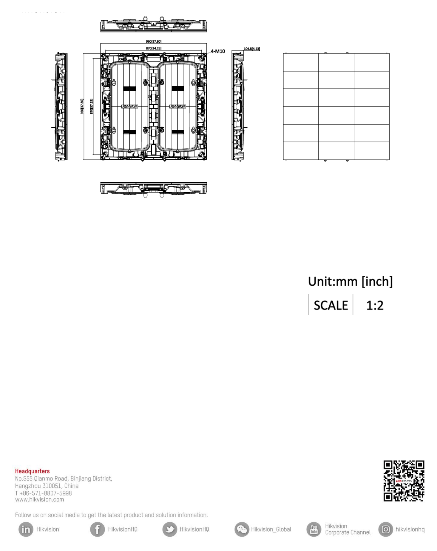 DS-D4240CO-1BAB 外形尺寸圖 960 mm × 960 mm × 94 mm (37.80'' × 37.80'' × 3.70'')｜重量 32.95 kg (72.64 lb)｜Unit: mm