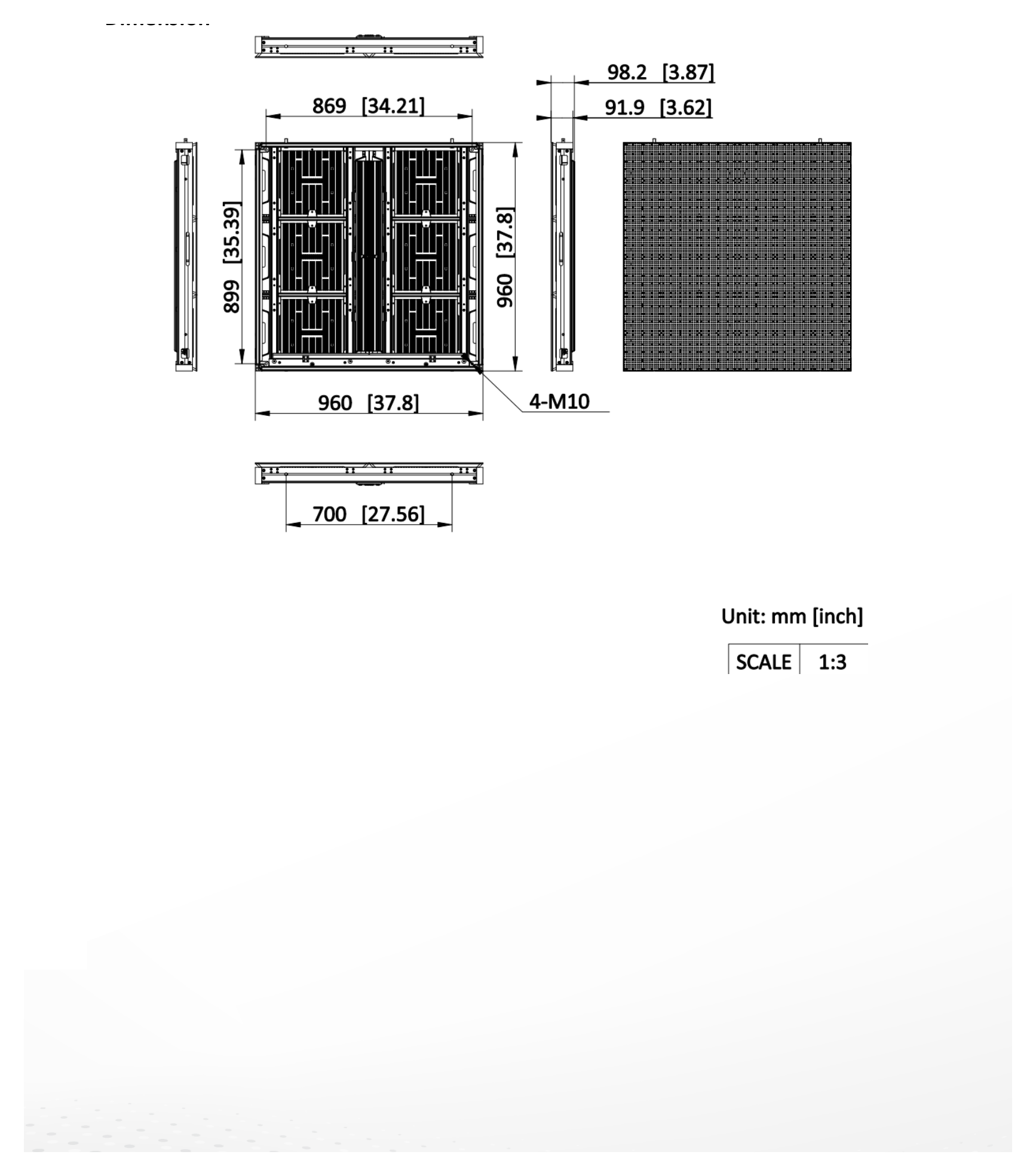DS-D4257GO-2AAA 外形尺寸圖 960 (W) mm × 960 (H) mm × 100 (D) mm (37.795'' × 37.795'' × 3.973'')｜重量 27.8 Kg (61.29 lb.)｜Unit: mm