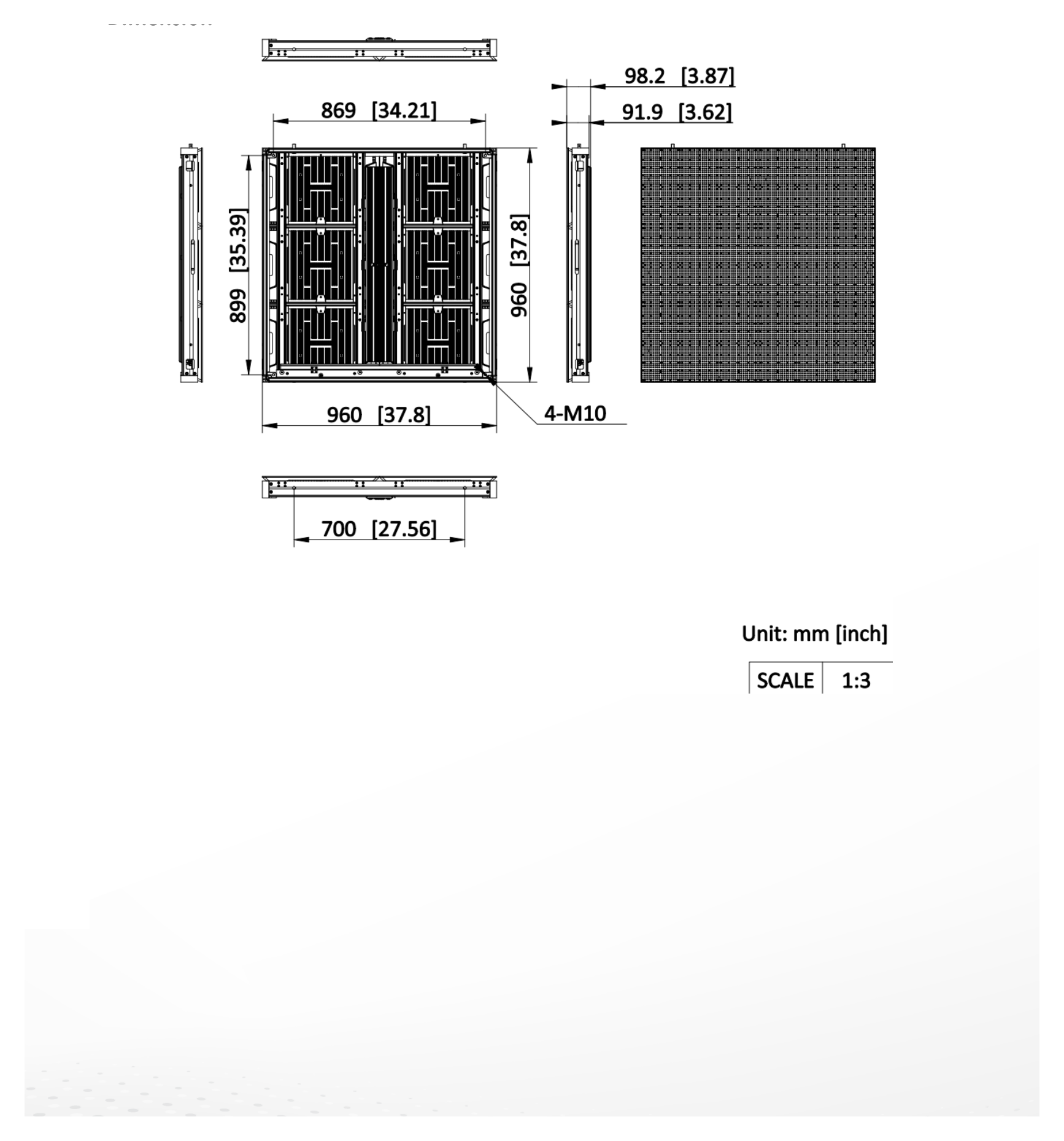 DS-D42A0CO-2APA 外形尺寸圖 960 (W) mm × 960 (H) mm × 100 (D) mm (37.795'' × 37.795'' × 3.973'')｜重量 28 Kg (61.73 lb.)｜Unit: mm