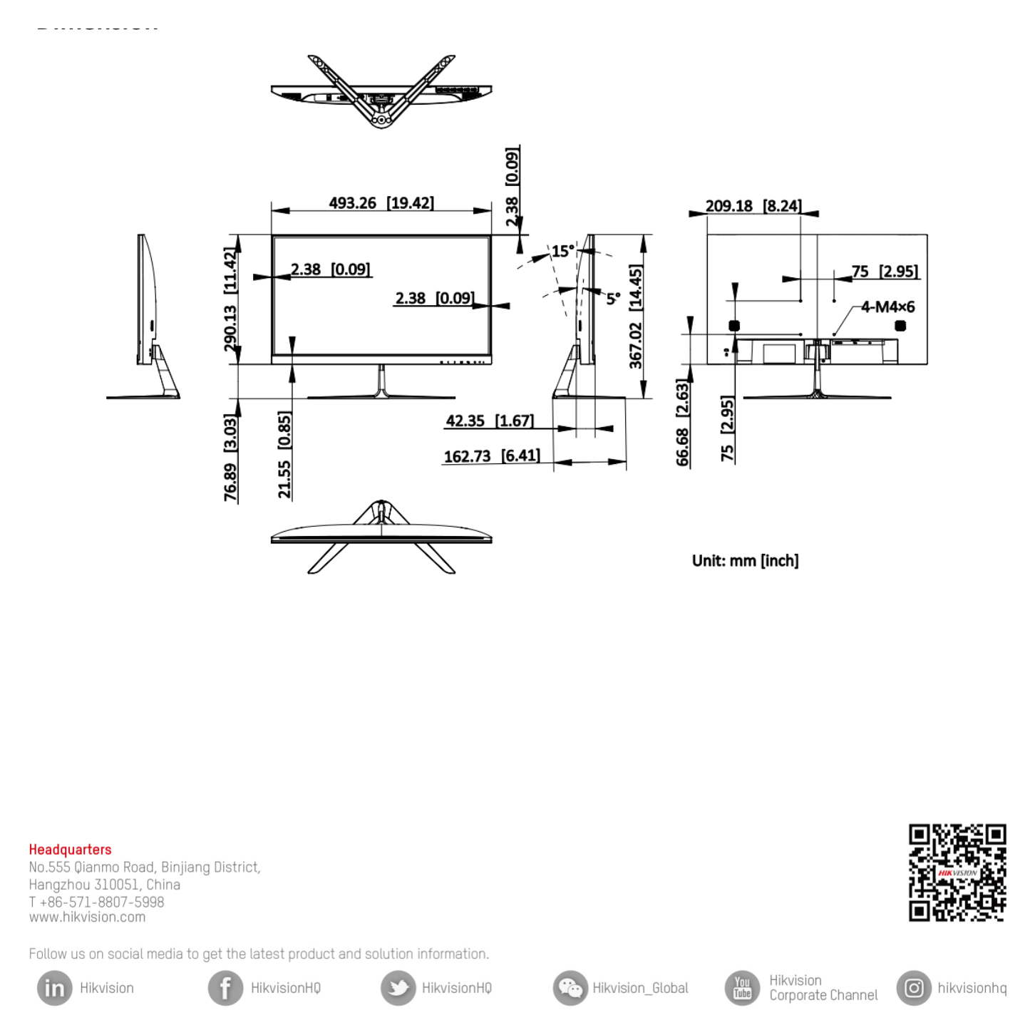 DS-D5022F2-2P2 外形尺寸圖 (19.42'' × 14.45'' × 6.41'') Without base: 493.26 (W) mm × 290.13 (H) mm × 42.35 (D) mm (19.42'' × 11.42'' × 1.67'')｜Uni