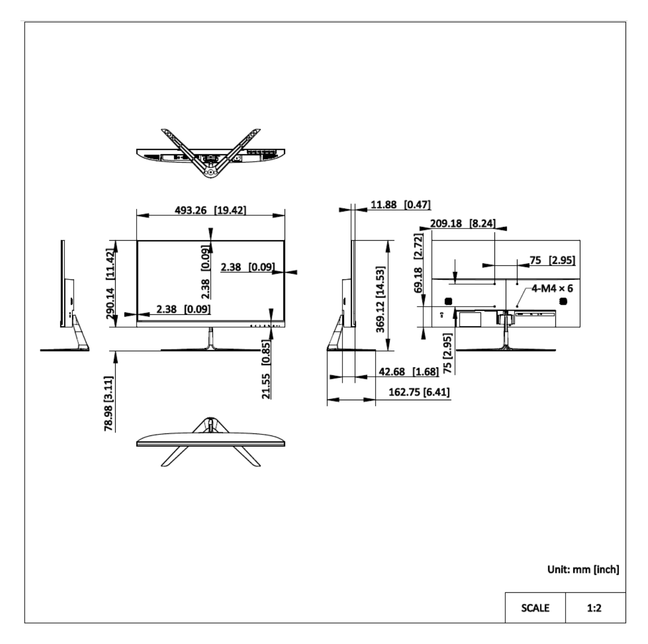 DS-D5022F2-5V2 外形尺寸圖 (19.42 (W) × 14.53 (H) × 6.41 (D)) inch (W × H × D) Without base: 493.26(W) mm × 290.14 (H) mm × 42.68 (D) mm (19.42 (W)
