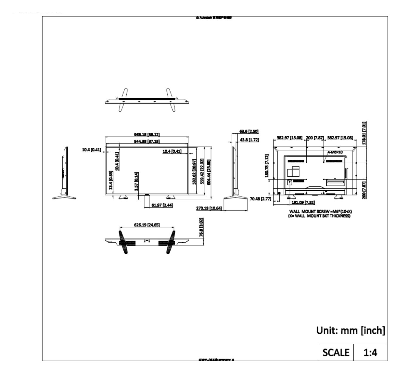 DS-D5043QE 外形尺寸圖 (38.12'' × 22.17'' × 3.02'') with stand: 968.18 (W) mm × 604.44 (H) mm × 76.8 (D) mm (38.12'' × 23.80'' × 3.02'')｜Unit: