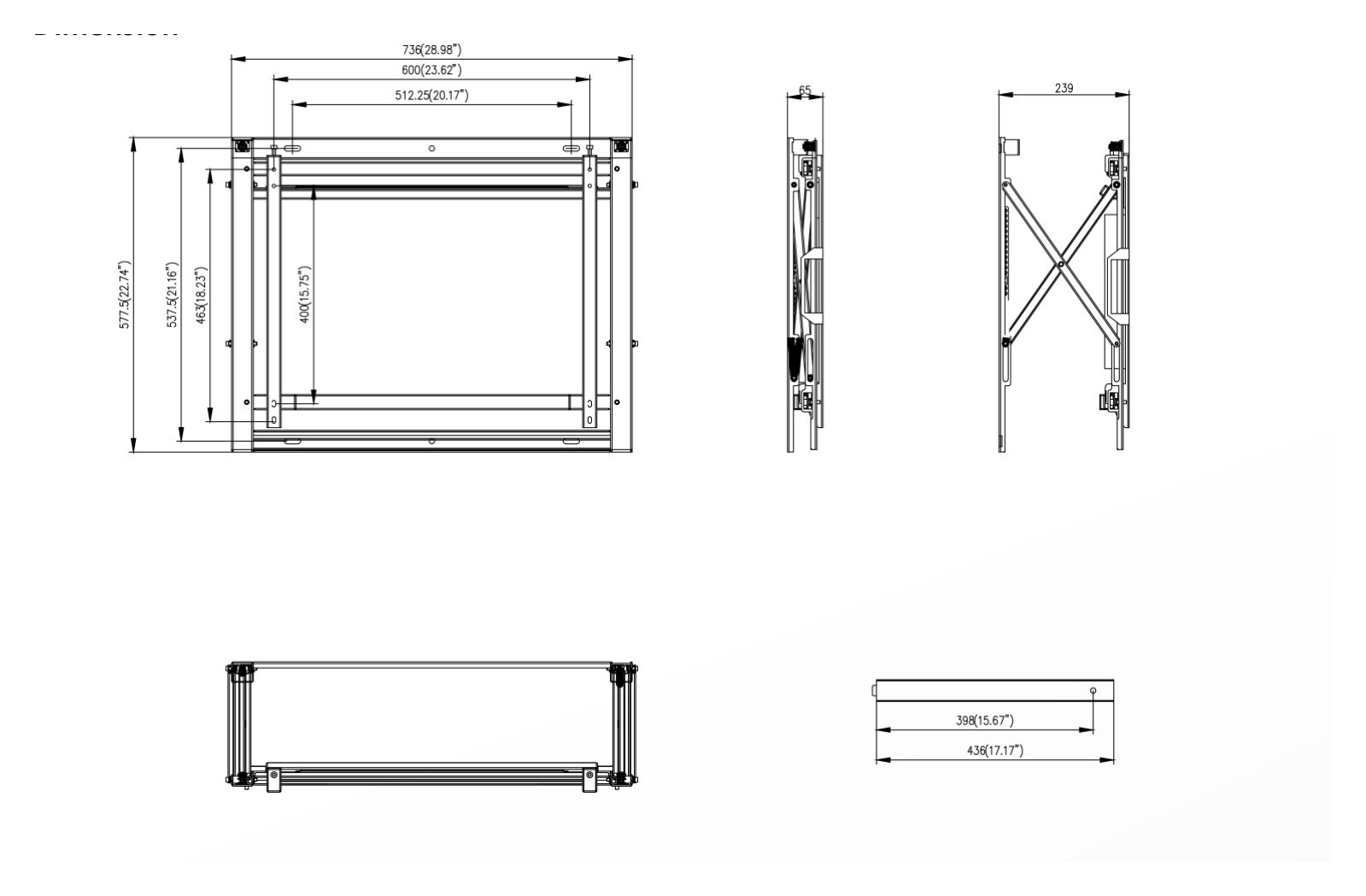 DS-DN4601W 外形尺寸圖 736 mm × 577.5 mm × 65 mm (28.98'' × 22.74'' × 2.56'')｜Unit: mm