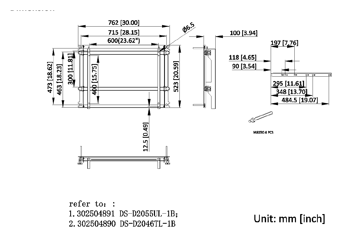 DS-DN4655W 外形尺寸圖 762 mm × 523 mm × 100 mm (30'' × 20.59'' × 3.94'')｜Unit: mm