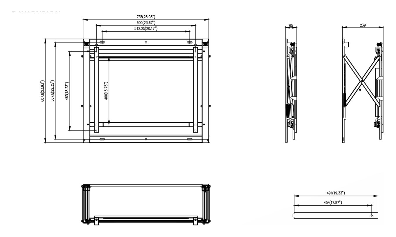 DS-DN4901W 外形尺寸圖 736 mm × 607.8 mm × 65 mm (28.98'' × 23.93'' × 2.56'')｜Unit: mm