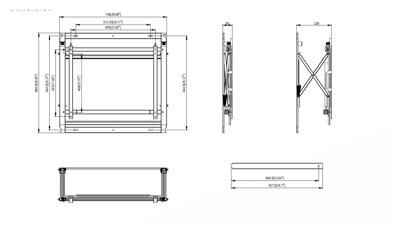 DS-DN5501W 外形尺寸圖 736 mm × 684.5 mm × 65 mm (28.98'' × 26.95'' × 2.56'')｜Unit: mm