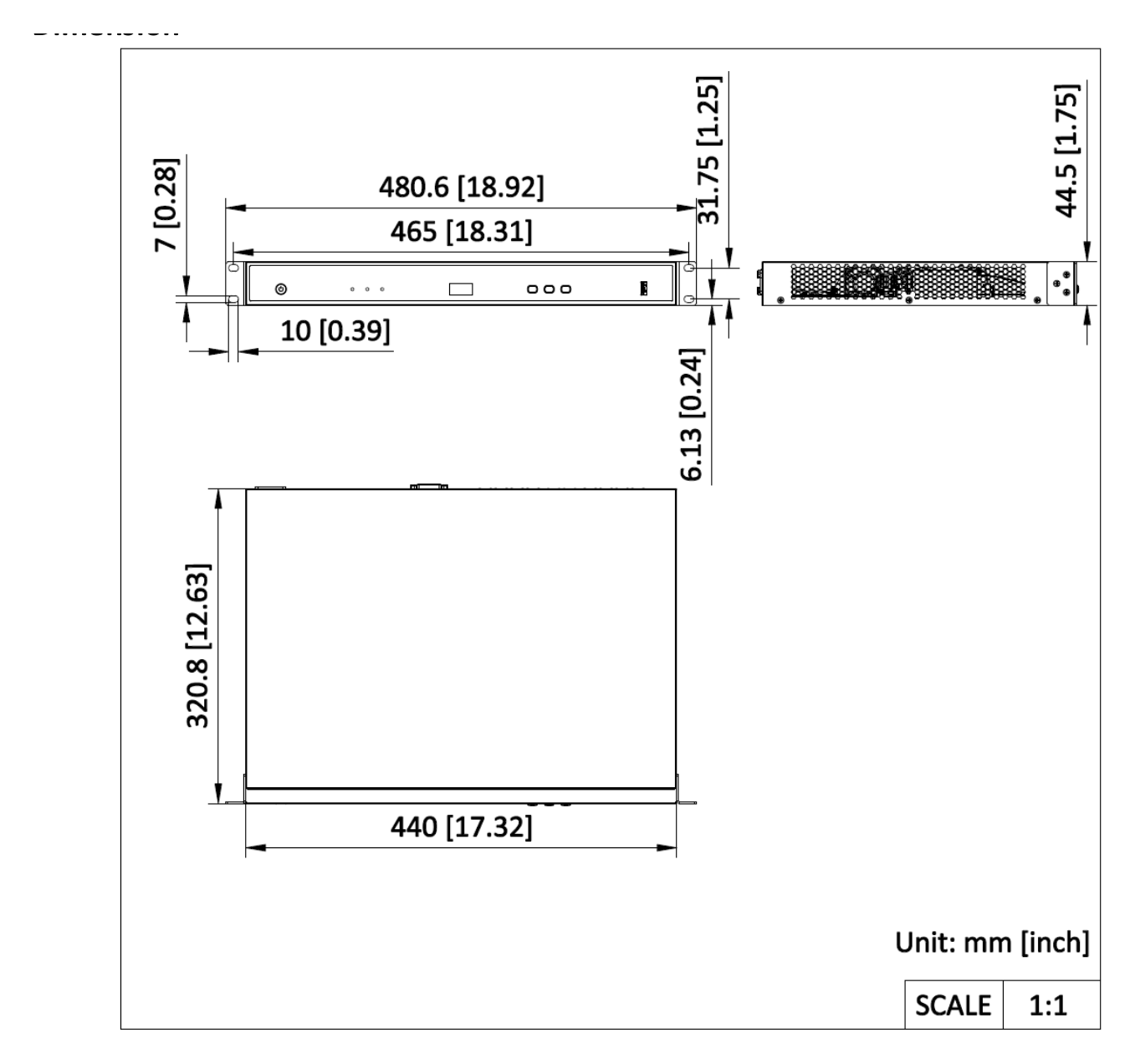 DS-DT60V-03HDI12NO 外形尺寸圖 440 mm × 44.5 mm × 320.8 mm (17.32 inch × 1.75 inch × 12.63 inch) 1 × AC power cord, 1 pair of mounting brackets, 2 × RS