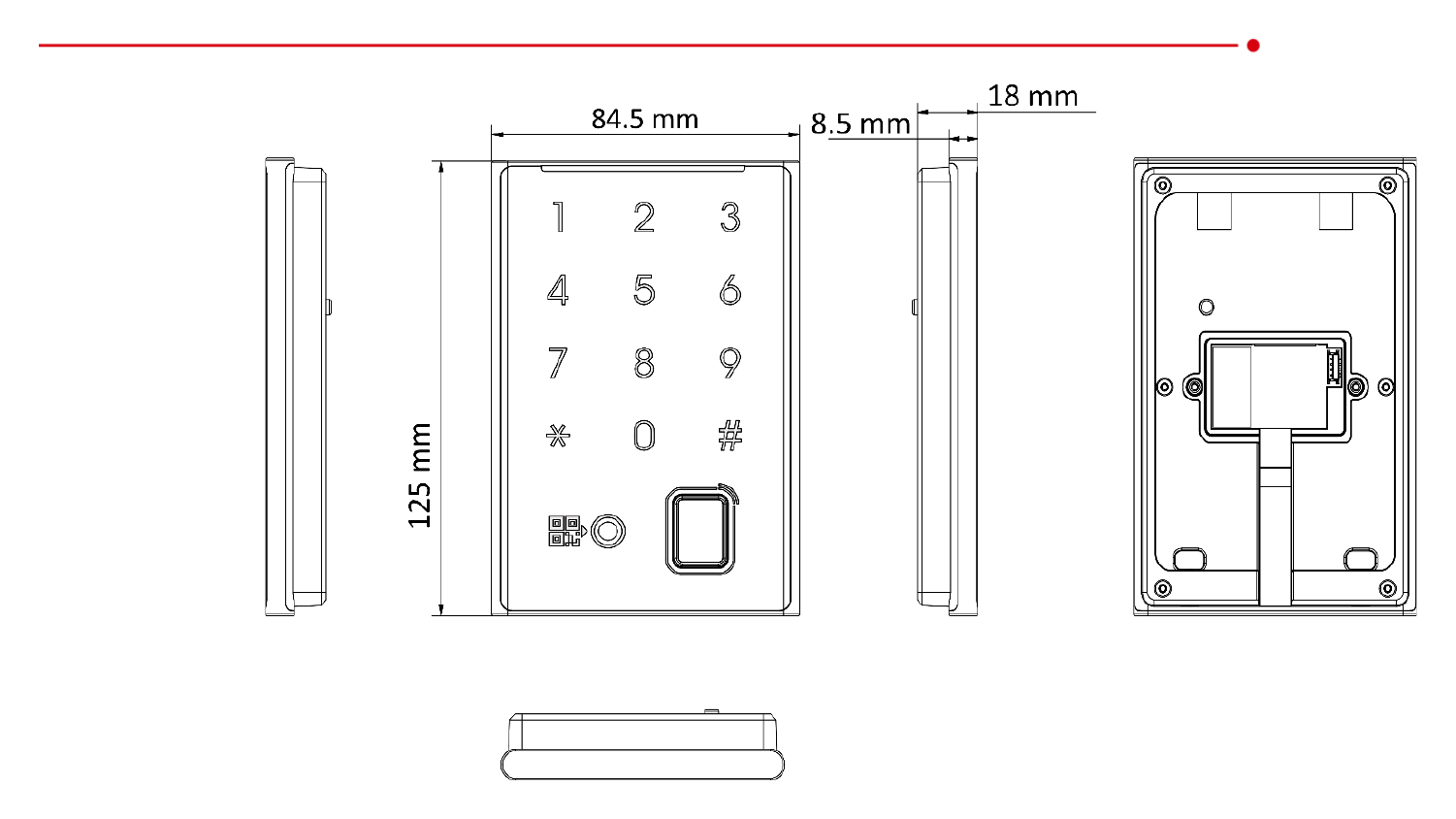 DS-K1109DKFB-QR 外形尺寸圖 125 mm × 84.5 mm × 18 mm (4.92