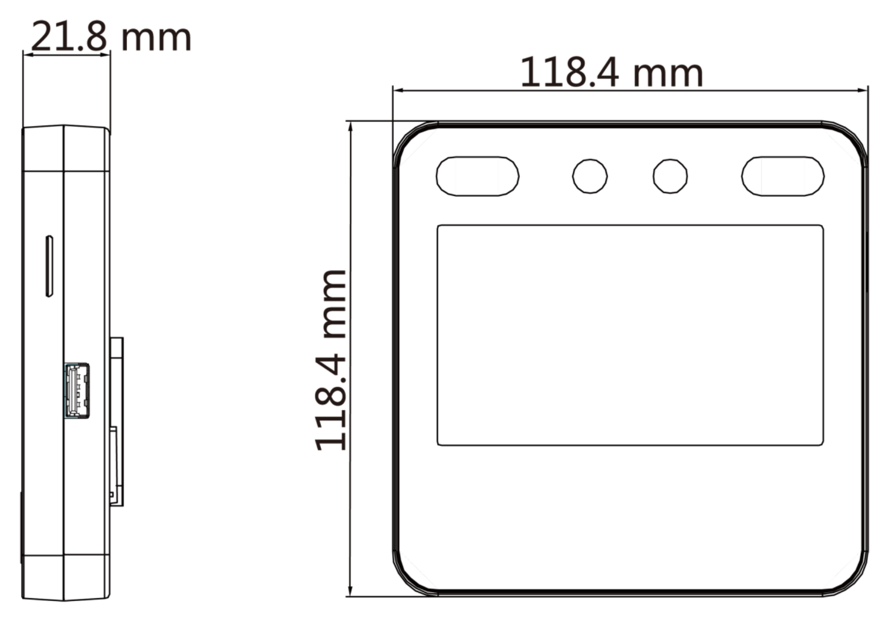 DS-K1A340WX 外形尺寸圖 118.4 × 118.4 × 21.8 mm(4.7″ × 4.7″ × 0.9″)|Unit: mm