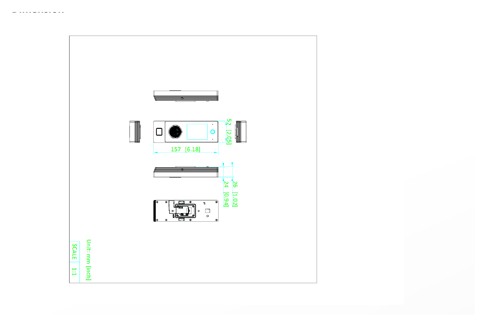 DS-K1T323EBFWX-E1 外形尺寸圖 157 mm × 52 mm × 26mm （6.18