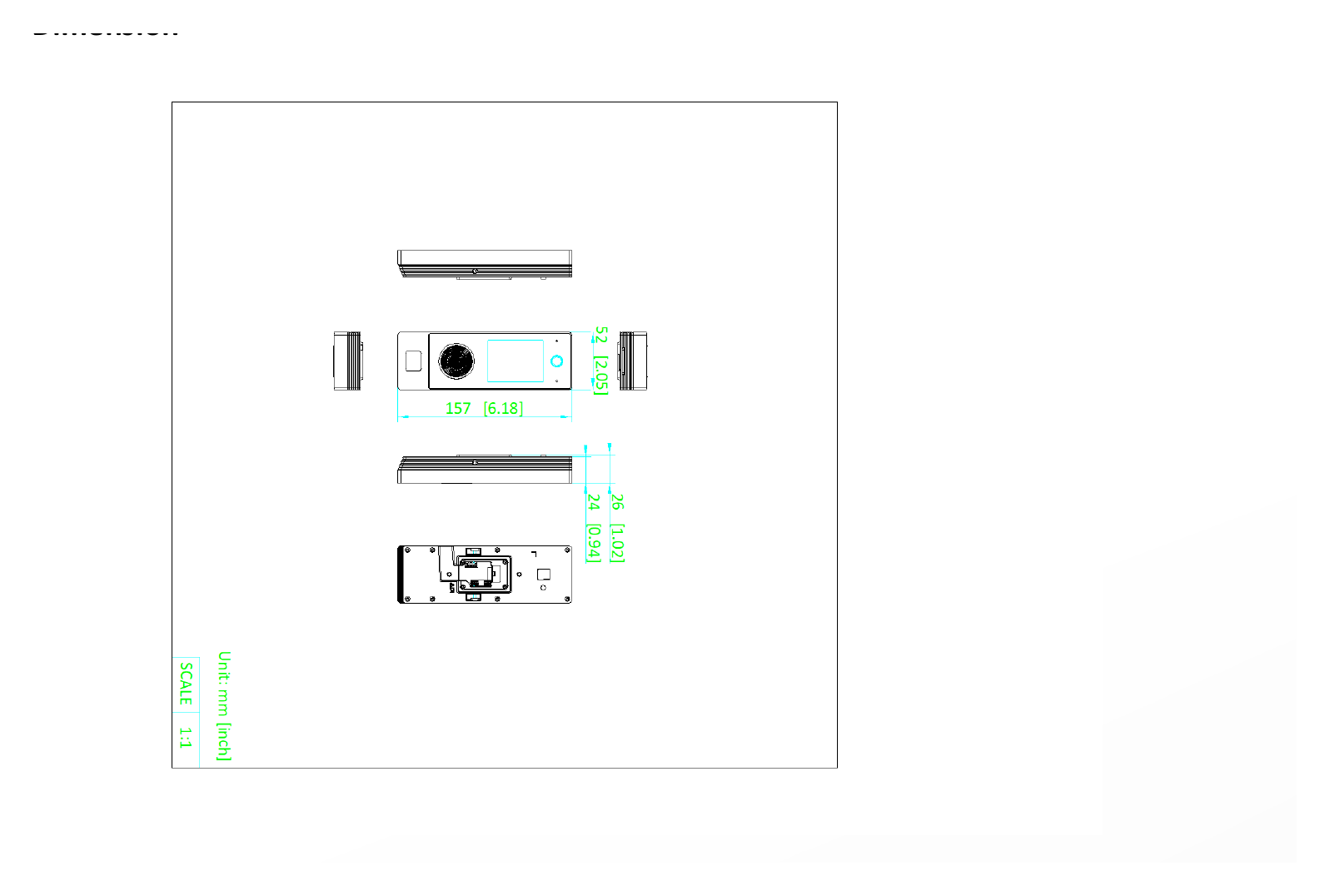 DS-K1T323EBWX-QRE1 外形尺寸圖 157 mm × 52 mm × 26 mm (6.18" × 2.05" × 1.02")|Unit: mm