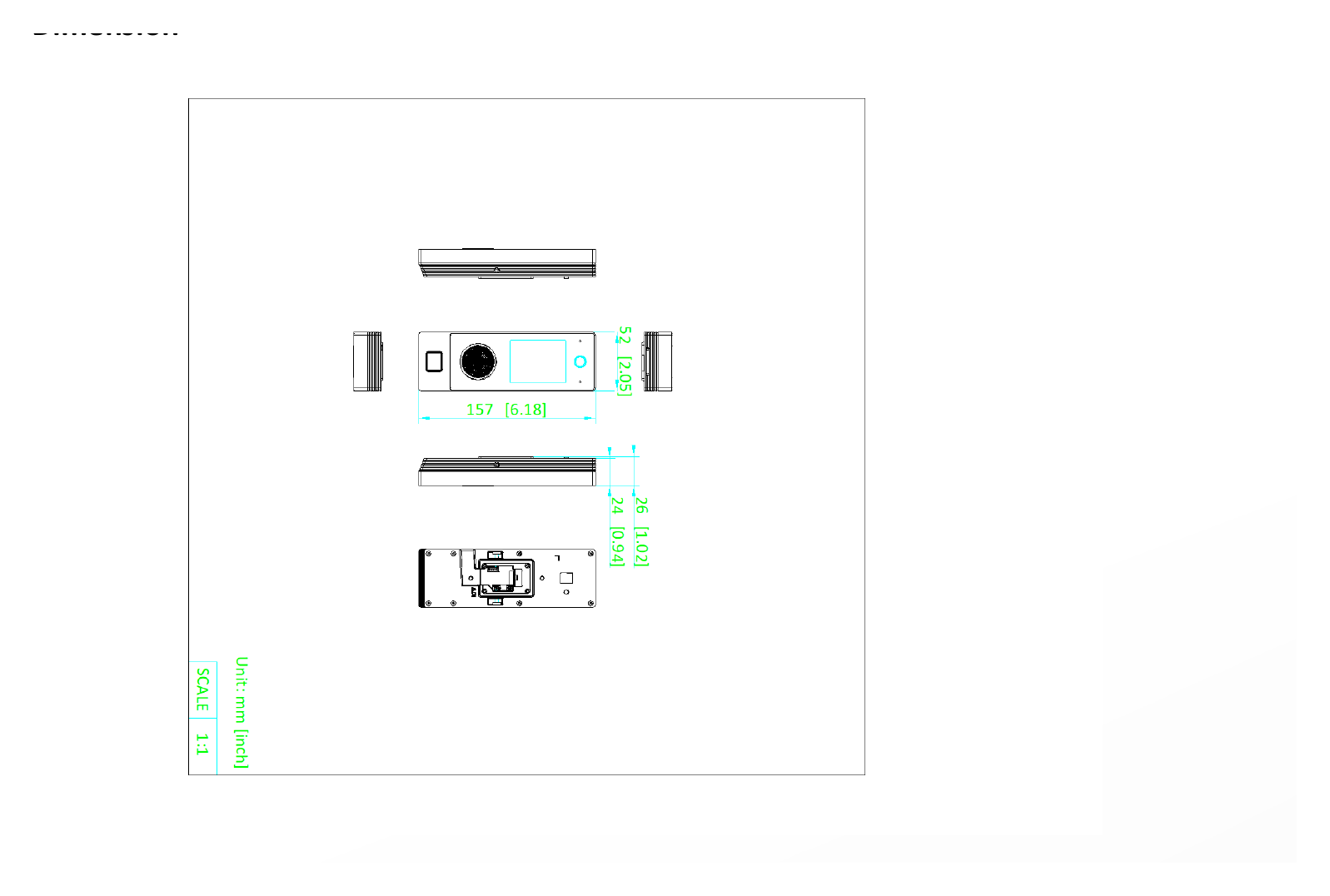 DS-K1T323MBFWX-E1 外形尺寸圖 157 mm × 52 mm × 26 mm (6.18