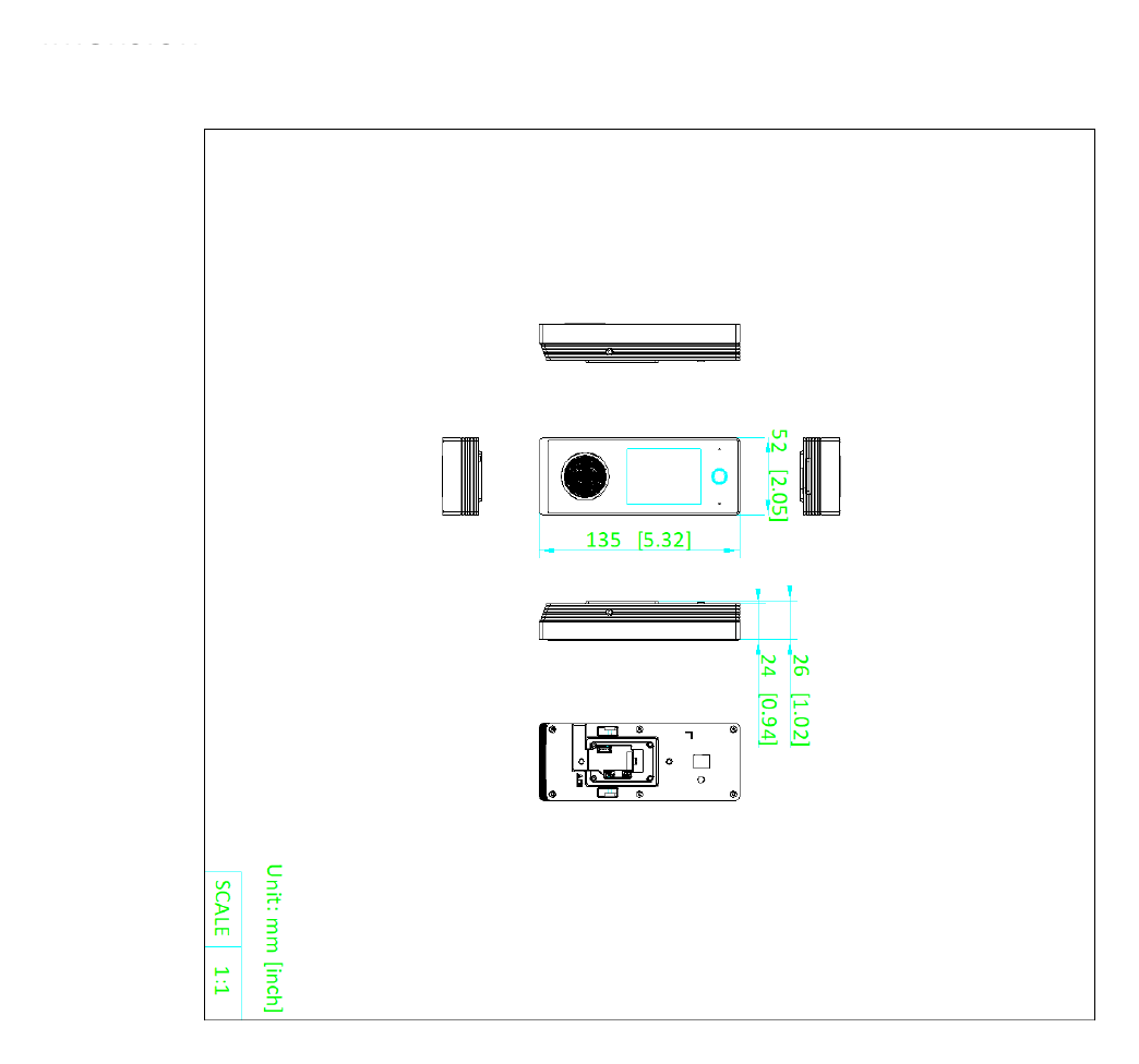 DS-K1T323MBWX-E1 外形尺寸圖 135 mm × 52 mm × 26 mm (5.32" × 2.05" × 1.02")|Unit: mm