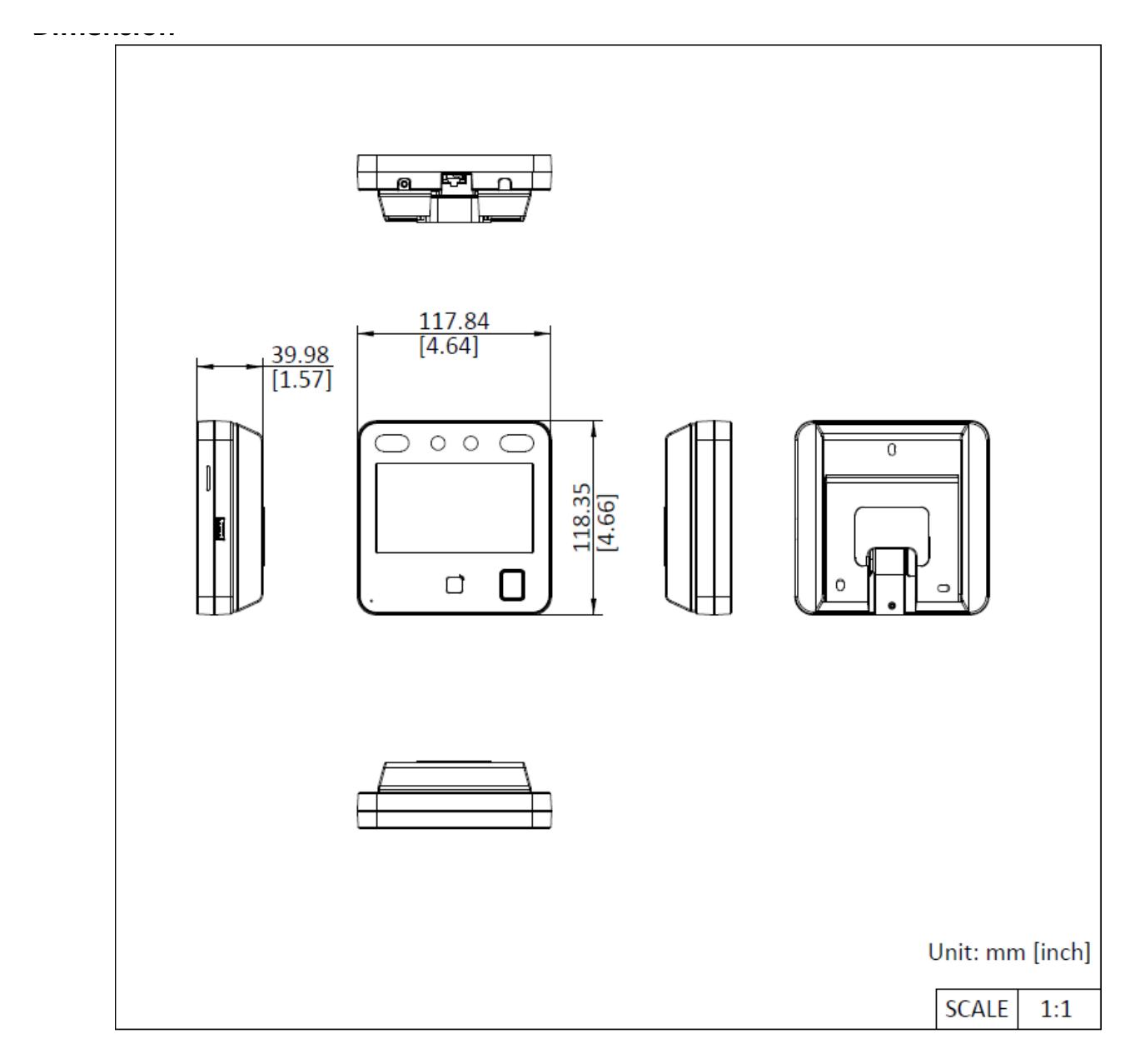 DS-K1T343MFWX-B 外形尺寸圖 118.4 mm × 118.4 mm × 21.8 mm (4.66" × 4.66" × 0.86")|Unit: mm