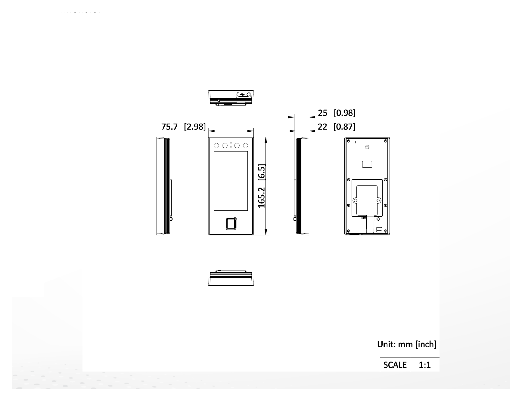 DS-K1T344EBFWX-E1 外形尺寸圖 165.2 mm × 75.7 mm × 25 mm (6.5" × 2.98" × 0.98")|Unit: mm