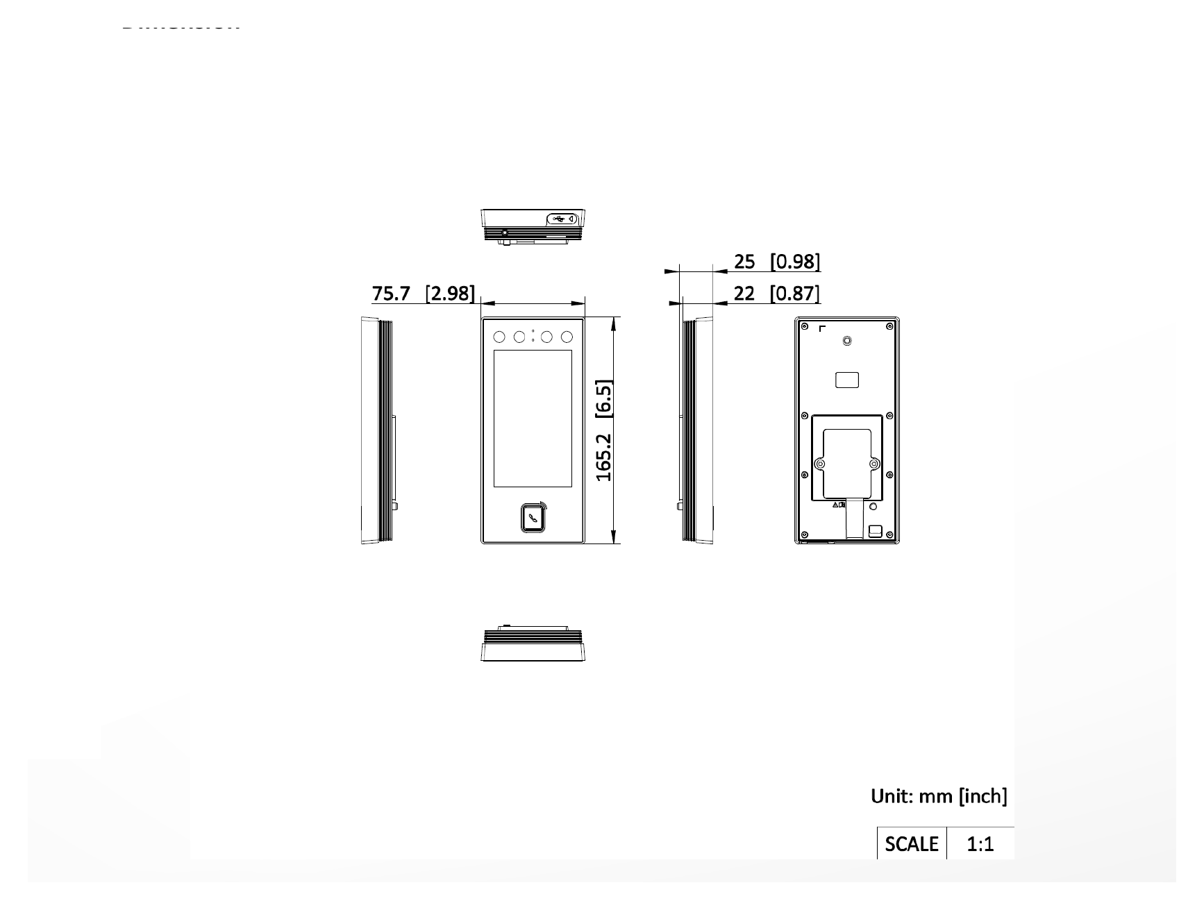 DS-K1T344EBWX-E1 外形尺寸圖 165.2 mm × 75.7 mm × 25 mm (6.5" × 2.98" × 0.98")|Unit: mm