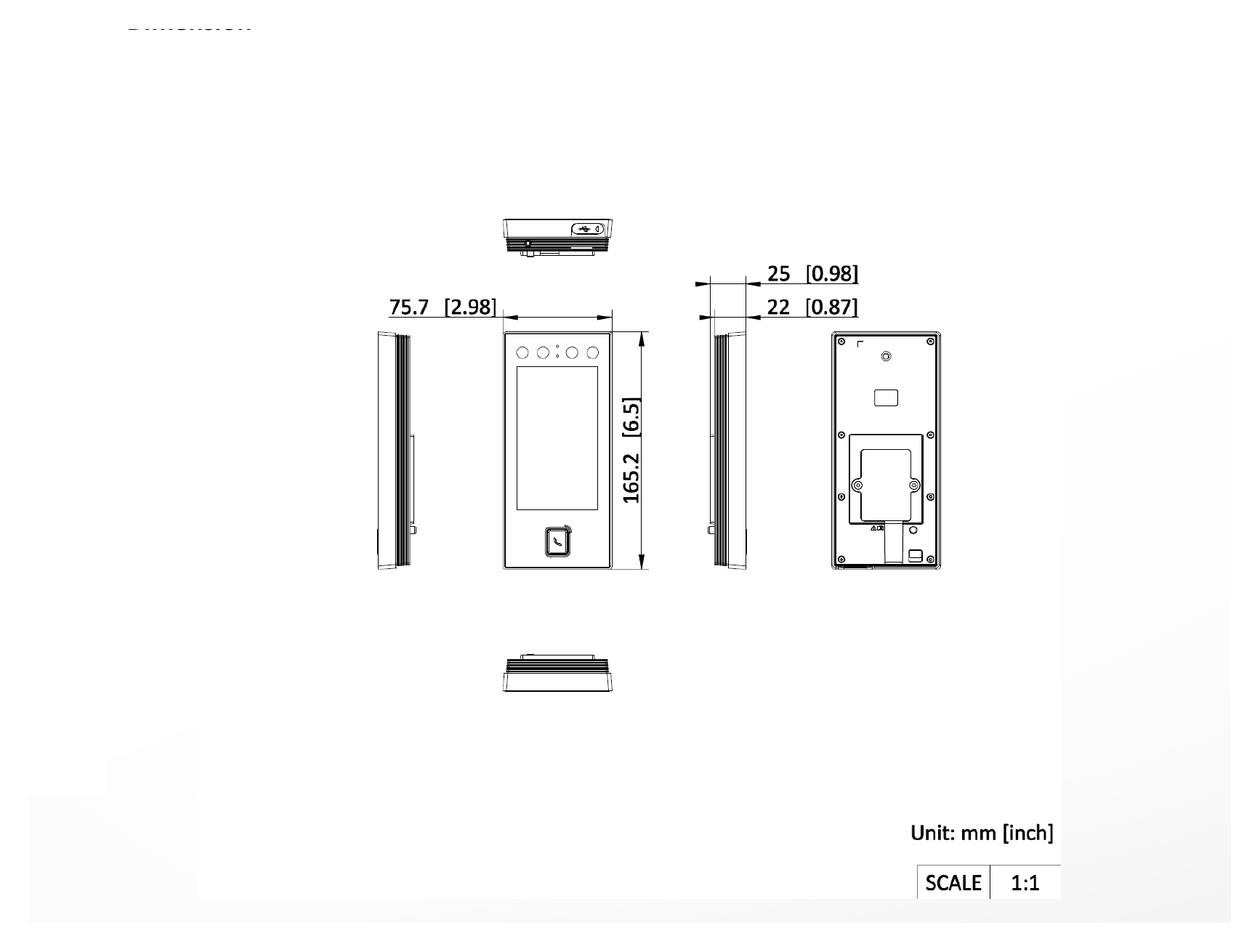 DS-K1T344EX-E1 外形尺寸圖 165.2 mm × 75.7 mm × 25 mm (6.5" × 2.98" × 0.98")|Unit: mm