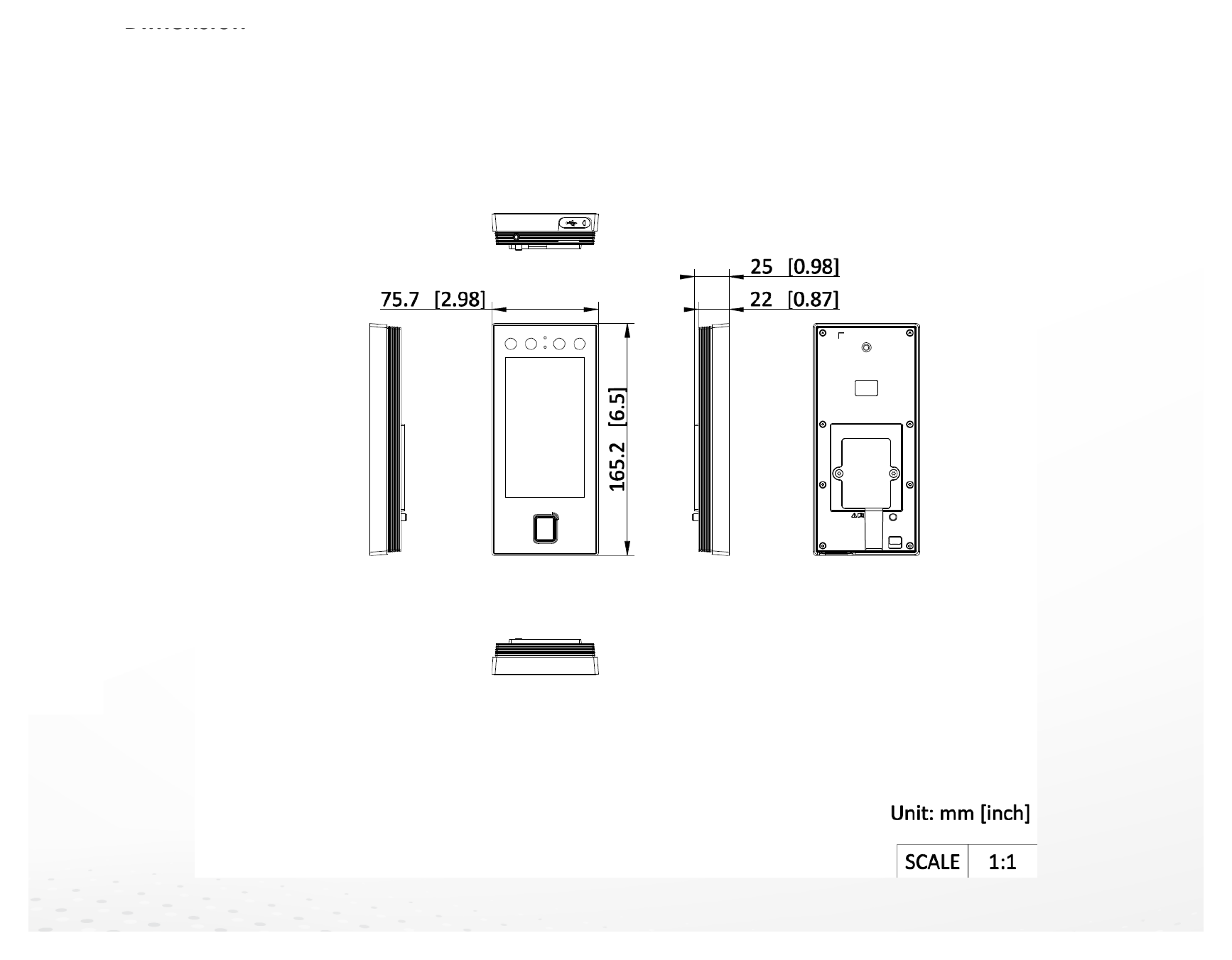DS-K1T344MBFWX-E1 外形尺寸圖 165.2 mm × 75.7 mm × 25 mm (6.5" × 2.98" × 0.98")|Unit: mm