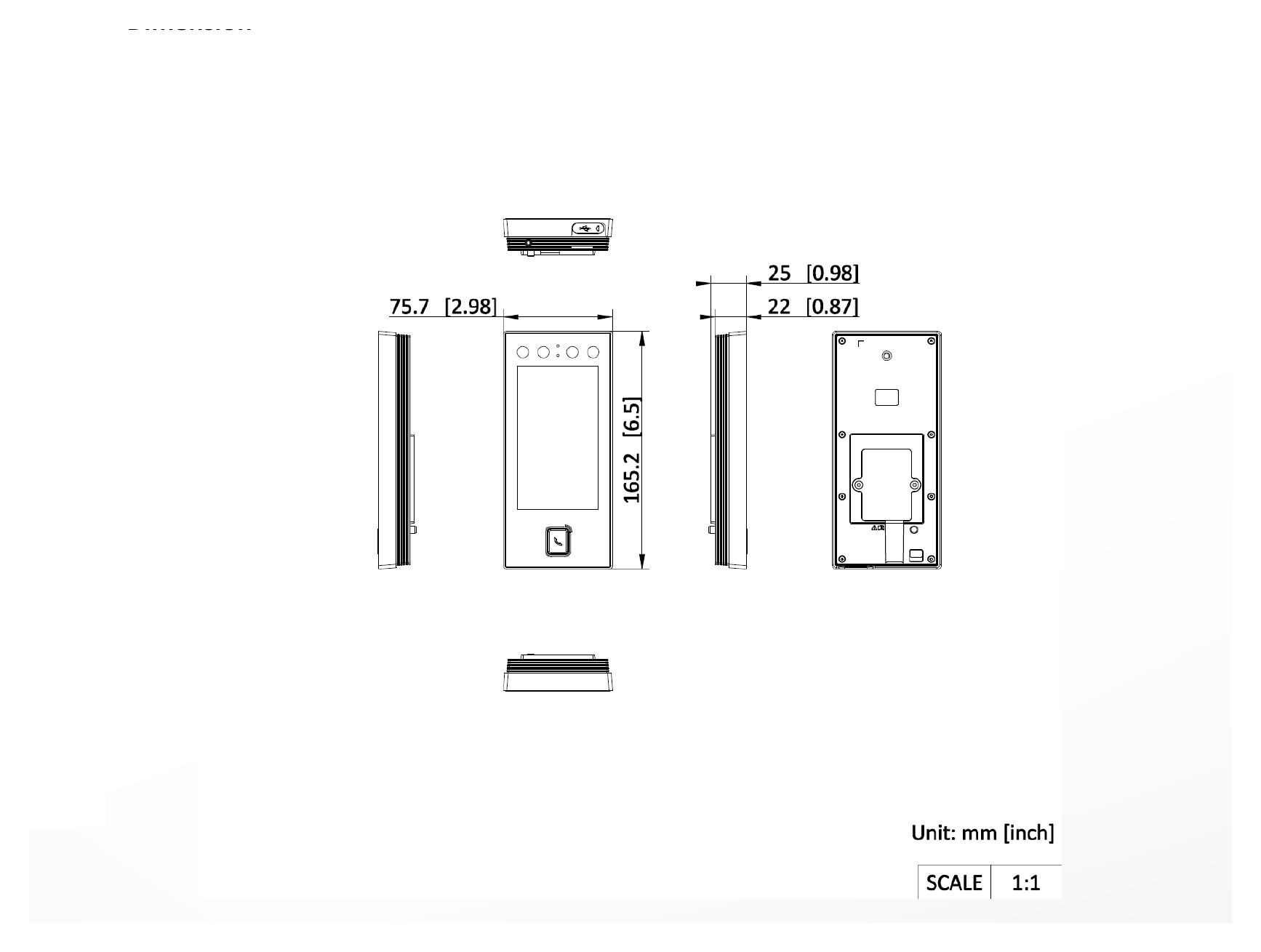 DS-K1T344MBWX-E1 外形尺寸圖 165.2 mm × 75.7 mm × 25 mm (6.5" × 2.98" × 0.98")|Unit: mm