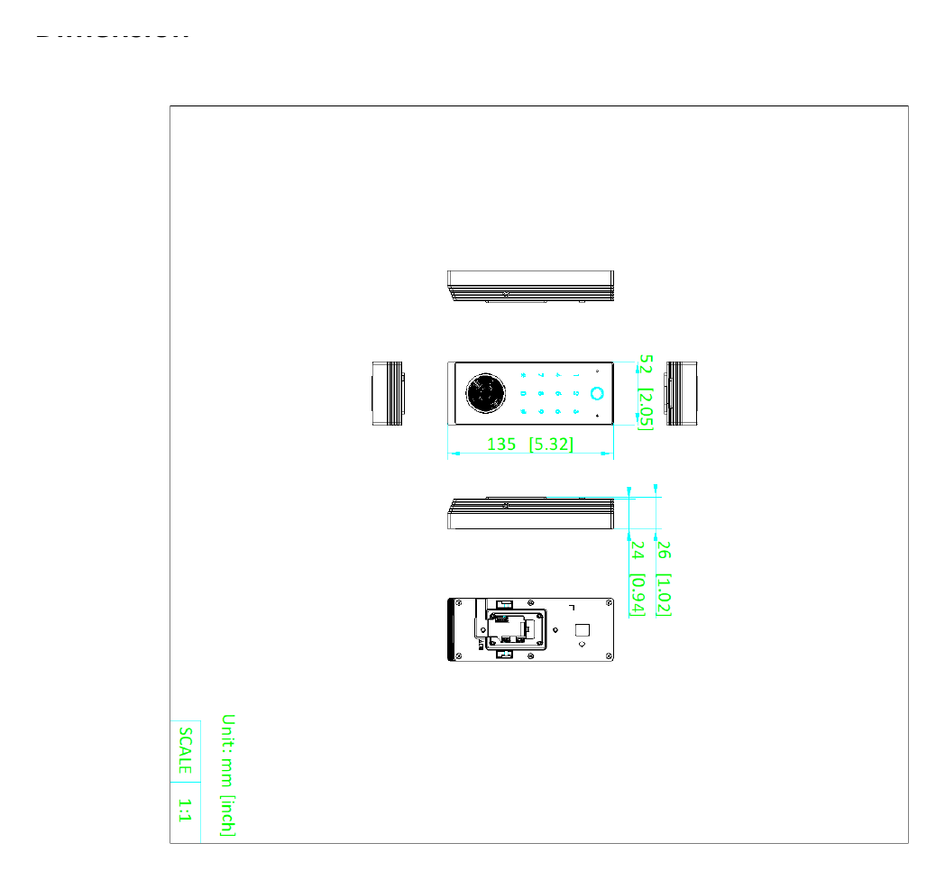 DS-K1T510MBWX-E1 外形尺寸圖 135 mm × 52 mm × 26 mm (5.32" × 2.05" × 1.02")|Unit: mm