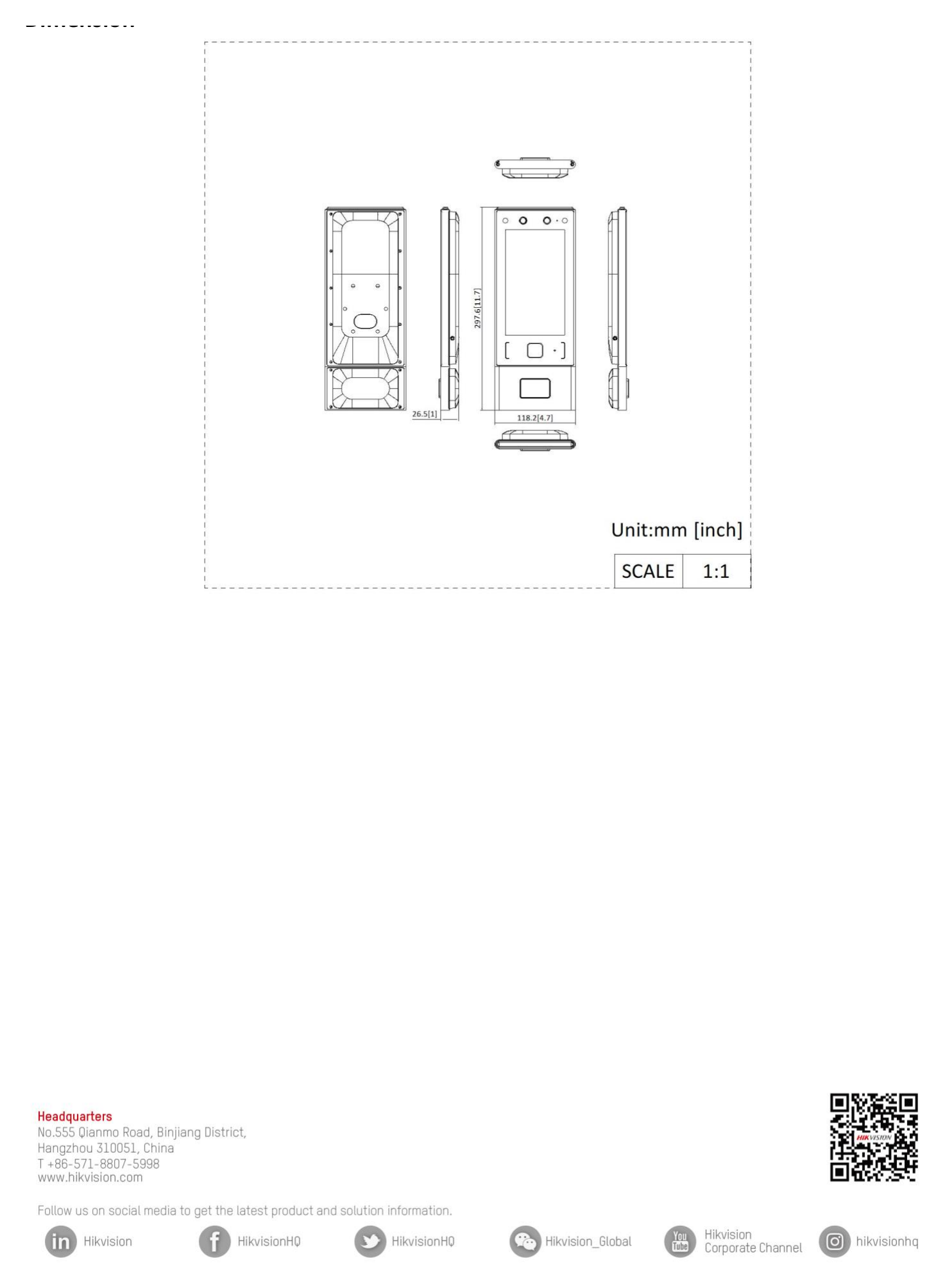 DS-K1T670MWX-WEQR 外形尺寸圖 110.5 mm × 209.2 mm × 24 mm (4.35" × 8.24" × 0.94")|Unit: mm