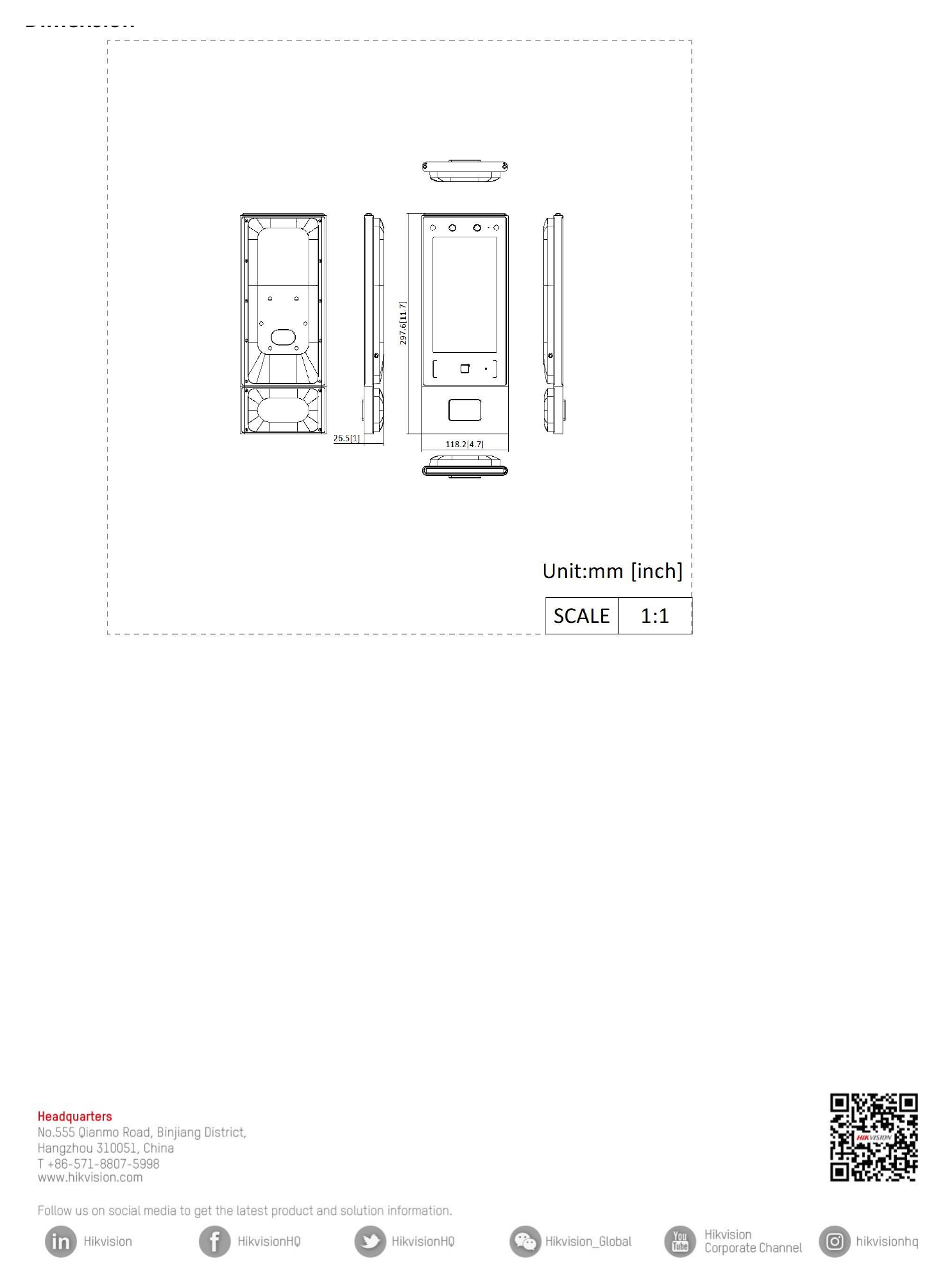 DS-K1T670MX-WE 外形尺寸圖 110.5 mm × 209.2 mm × 24 mm (4.35" × 8.24" × 0.94")｜Unit: mm