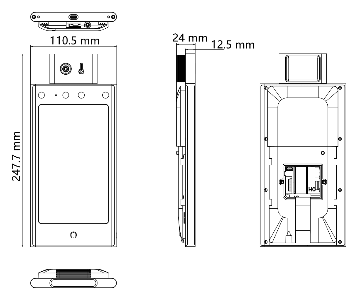 DS-K1T673TDX-T 外形尺寸圖 110.5 mm × 247.7 mm × 24 mm (4.35" × 9.75" × 0.94") English, Spanish (South America), Arabic, Thai, Indonesian, Russian,