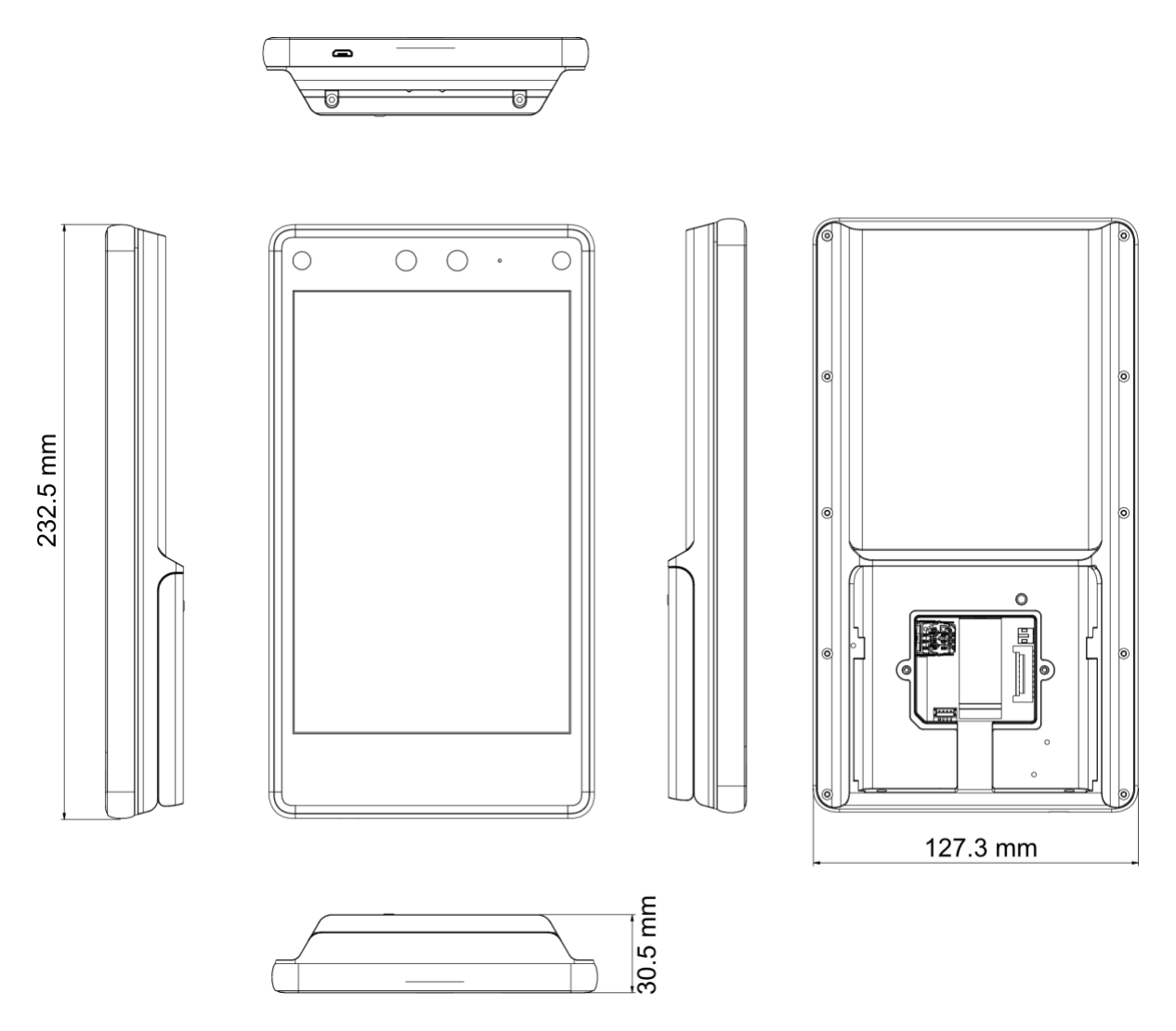 DS-K1T680D-E1 外形尺寸圖 127.3 mm × 232.1 mm × 23.5 mm (5.0'' × 9.1'' × 0.9'' )|Unit: mm