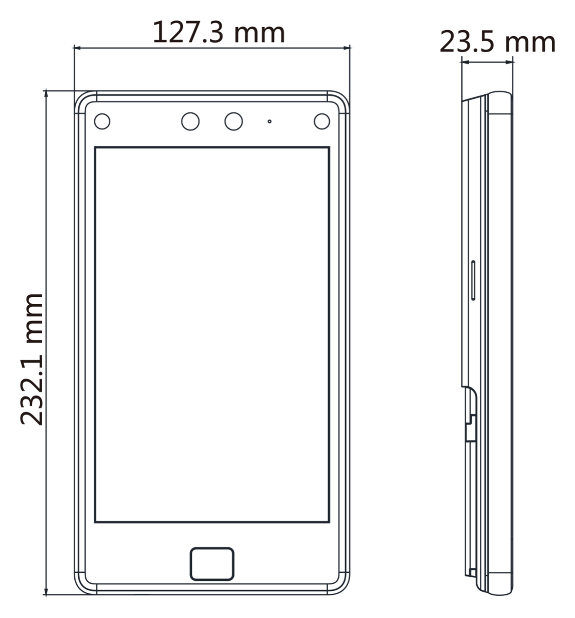 DS-K1T680DFW 外形尺寸圖 127.3 mm × 232.1 mm × 23.5 mm (5.0'' × 9.1'' × 0.9'' )|Unit: mm